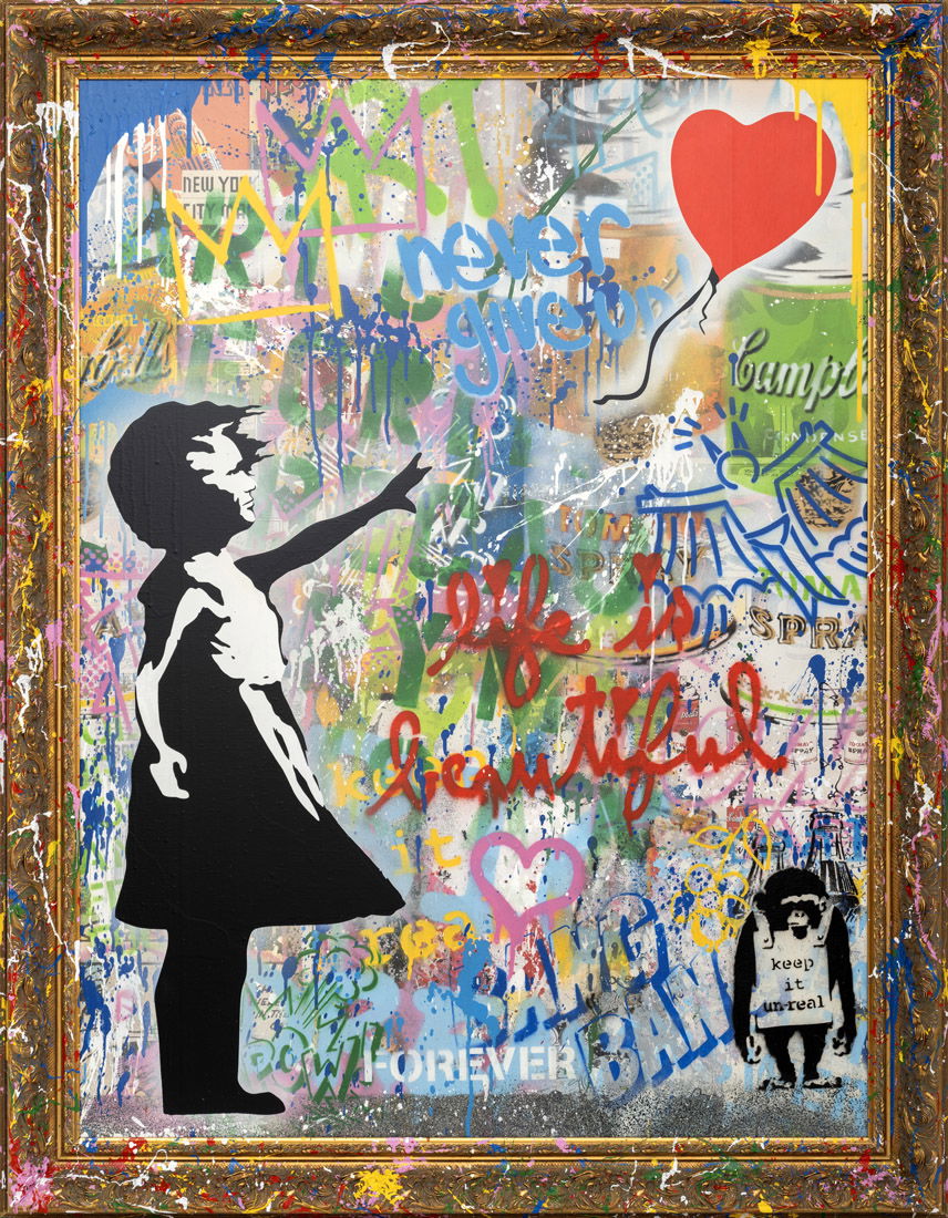 Mr. Brainwash – Balloon Girl Het kunstwerk Balloon Girl van Mr. Brainwash is een explosie van kleur, hoop en emotie. Het beeld van het meisje dat naar de rode ballon reikt, staat symbool voor verlangen, vrijheid en een beter morgen. Rondom dit iconische motief schilderde de kunstenaar dynamische graffiti-teksten en krachtige symbolen. Woorden als never give up en life is beautiful versterken de boodschap. Hierdoor ontstaat een werk dat bruist van energie en positiviteit. Het spel van contrasterende stijlen maakt dit kunstwerk uniek. De ingetogen stencil van het meisje en de ballon botst met de uitbundige street art-achtergrond. Het werk brengt street culture en pop art samen in één dynamisch geheel. Door dit contrast krijgt het werk een gelaagde betekenis. Het confronteert de kijker met de spanning tussen kwetsbaarheid en kracht. De rode ballon trekt onmiddellijk de aandacht. Hij staat voor hoop, dromen en vrijheid. Tegelijkertijd ademt het kunstwerk een zekere melancholie uit. Het kind laat de ballon los, maar er blijft altijd een gevoel van veerkracht aanwezig. Dit maakt Balloon Girl herkenbaar en emotioneel krachtig. Mr. Brainwash weet bovendien humor en optimisme subtiel in te voegen. De kleurrijke woorden en speelse toevoegingen geven een positieve lading. Het resultaat is een kunstwerk dat mensen inspireert om verder te kijken, zelfs in moeilijke tijden.