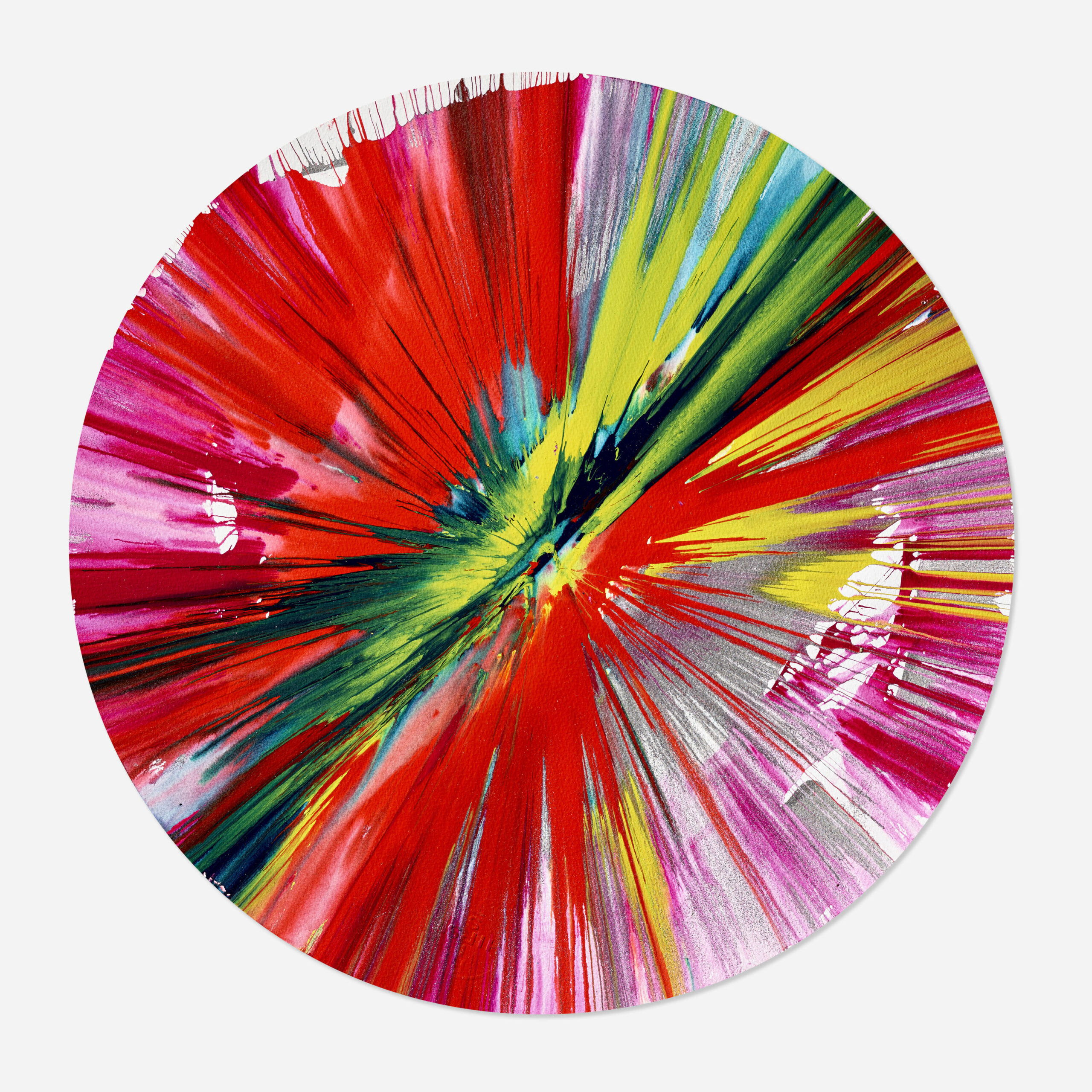 Damien Hirst – Circle Spin Painting Damien Hirst presenteert met Circle Spin Painting een explosie van kleur en energie. Het ronde doek vangt direct de aandacht door krachtige, centrifugale bewegingen. Heldere tinten rood, roze, groen en geel spatten uit het middelpunt naar buiten. Het werk belichaamt zowel spontaniteit als controle. Het draait om het spel van toeval, beweging en artistieke intentie. De dynamische vormen roepen gevoelens op van vreugde, chaos en levenskracht. Dit kunstwerk benadrukt dat kunst niet alleen gezien, maar ook ervaren moet worden. De ronde vorm versterkt het idee van oneindigheid en beweging. Daardoor krijgt de compositie een tijdloze uitstraling. Elke blik onthult nieuwe details. Het contrast tussen intensieve kleuren en subtiele overgangen maakt het werk visueel spannend. Hirst gebruikt zijn bekende spin-techniek waarbij verf door centrifugale kracht over het doek verspreid wordt. Hierdoor ontstaat een uniek patroon dat nooit exact herhaald kan worden. Het resultaat is een levendig geheel dat zowel abstract als universeel herkenbaar is. Circle Spin Painting staat symbool voor vrijheid, experiment en expressieve verbeelding. Het werk straalt een explosie van energie uit, waarbij elke kleur lijkt te dansen in perfecte harmonie en zo de essentie van Hirst’s kenmerkende spin-techniek benadrukt.