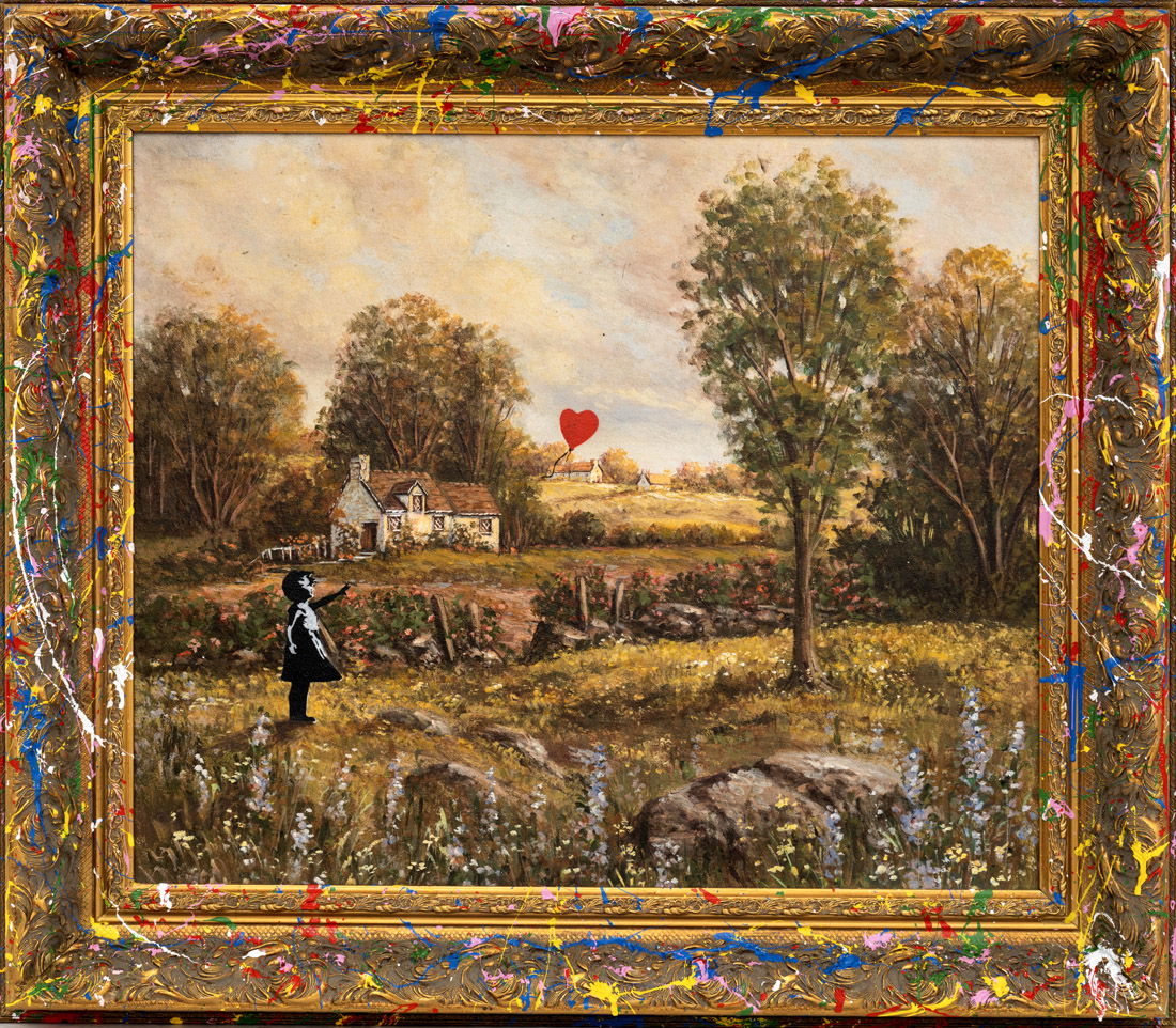 Mr. Brainwash - Balloon Girl Classic Mr. Brainwash - Balloon Girl Classic is een uniek kunstwerk dat klassieke schilderkunst en hedendaagse street art samenbrengt. Het werk toont een idyllisch landschap met bomen, een boerderij en een rustieke sfeer. Midden in dit klassieke tafereel voegt Mr. Brainwash een iconisch element toe: het meisje met de rode ballon. Deze rode ballon zweeft door de lucht en staat symbool voor hoop, liefde en vrijheid. Het contrast tussen de rustige natuur en de moderne street art boodschap maakt dit werk bijzonder. De omlijsting is opvallend door de kleurrijke verfspatten die het klassieke kader doorbreken. Dit geeft het werk een extra speels en rebels karakter. Mr. Brainwash gebruikt hier opnieuw zijn kenmerkende stijl: het samenbrengen van tegenstellingen om nieuwe betekenis te creëren. De harmonie tussen traditie en moderne kunst staat centraal. De rode ballon trekt onmiddellijk de aandacht. Het element werkt als symbool, maar ook als visueel middelpunt dat het oog leidt. Bovendien geeft het de toeschouwer ruimte voor interpretatie. Liefde, verlies, verlangen of dromen – de ballon kan alles vertegenwoordigen. Dat maakt dit kunstwerk universeel en tijdloos. Het contrast tussen de serene achtergrond en de krachtige boodschap van de ballon versterkt de spanning in het werk. Hierdoor wordt de kijker direct betrokken en uitgenodigd om na te denken. Dit maakt Mr. Brainwash - Balloon Girl Classic niet alleen visueel aantrekkelijk, maar ook diepgaand en gelaagd.