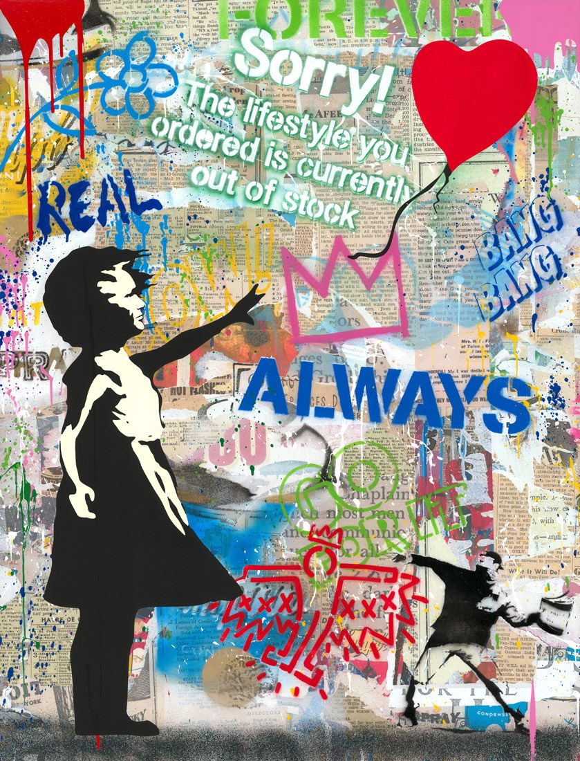 Mr. Brainwash – Balloon Girl Balloon Girl van Mr. Brainwash is een kunstwerk dat direct herkenbaar en tegelijkertijd vernieuwend is. Het beeld van een meisje dat reikt naar een rode ballon is een krachtig symbool. De ballon staat voor dromen, hoop en vrijheid. Het meisje symboliseert onschuld en verlangen. Mr. Brainwash brengt deze iconische afbeelding in zijn eigen stijl tot leven. Hij combineert street art met felle kleuren, graffiti-elementen en speelse teksten. Dit maakt Balloon Girl niet alleen een hommage aan klassieke urban art, maar ook een frisse interpretatie met een moderne twist. De achtergrond barst van energie. Graffiti, krantenprints en kleurrijke woorden vormen een levendige collage. Dit contrast versterkt de eenvoud van het meisje en haar ballon. De kijker wordt hierdoor uitgenodigd om na te denken over verlies en hoop, maar ook over de kracht van verbeelding. Mr. Brainwash – Balloon Girl gaat verder dan visuele aantrekkingskracht. Het werk draagt een universele boodschap: blijf dromen, blijf hopen, en verlies nooit je innerlijke kind. Het is zowel een ode aan straatkunst als een oproep om altijd te geloven in de kracht van kunst en optimisme.