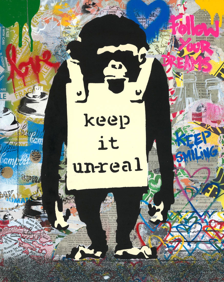 Mr. Brainwash – Keep it Unreal Mr. Brainwash – Keep it Unreal is een kunstwerk dat de essentie van street art samenvat in één krachtig beeld. Een aap, strak en herkenbaar neergezet, draagt een bord met de tekst keep it unreal. De woorden vormen een directe uitdaging aan de realiteit en dagen de kijker uit om buiten de grenzen van het gewone te denken. De achtergrond is explosief en vol energie. Kleurrijke graffiti, spuitverf en iconische symbolen vullen het doek. Woorden als love, keep smiling en follow your dreams staan tussen hartjes, kronen en dynamische verfspatten. Hierdoor ontstaat een contrast tussen de serieuze, bijna ironische tekst van de aap en de speelse chaos eromheen. Het gebruik van een aap is niet toevallig. Binnen de street art-cultuur staat dit symbool vaak voor kritiek op de samenleving, machtsstructuren en menselijk gedrag. Door dit dier in het middelpunt te plaatsen, legt Mr. Brainwash de nadruk op de absurditeit en tegelijkertijd de speelsheid van ons bestaan. Keep it Unreal is meer dan een afbeelding. Het is een boodschap, een oproep om niet alles letterlijk te nemen en ruimte te laten voor verbeelding. De levendige kleuren en lagen graffiti zorgen ervoor dat het werk voortdurend nieuwe details prijsgeeft. Het voelt rauw, rebels en inspirerend tegelijk. Dit werk weerspiegelt de kenmerkende stijl van Mr. Brainwash: positiviteit, humor en een duidelijke knipoog naar popcultuur en street art-iconen. Het is kunst die verrast, inspireert en de kijker midden in het moment trekt.