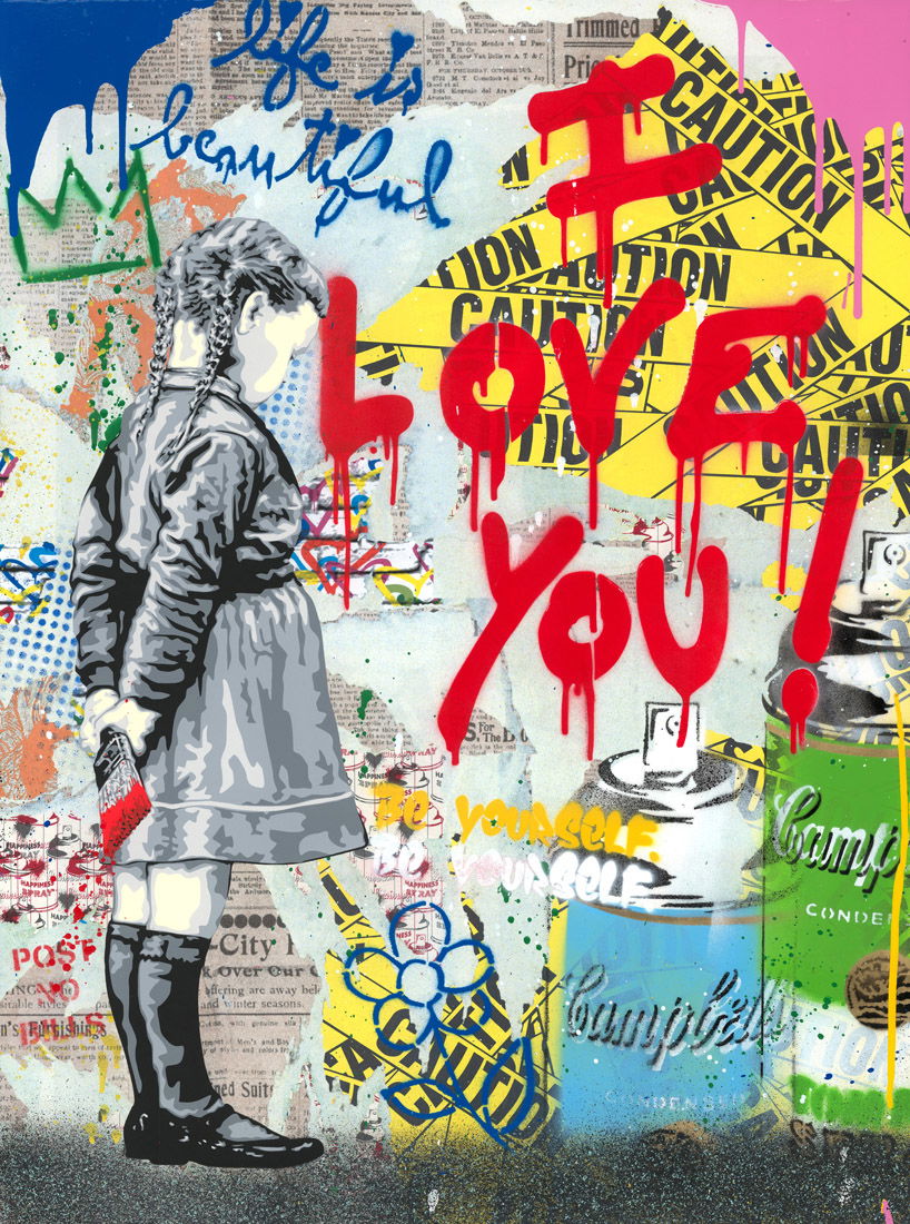 Mr. Brainwash – Artist Within Mr. Brainwash – Artist Within is een krachtig kunstwerk vol emotie, kleur en onverwachte symboliek. Op de voorgrond staat een jong meisje, met de rug licht gedraaid en een verfkwast in de hand. Voor haar prijkt de rode tekst I Love You, expressief en druipend op de muur gezet. Het contrast is opvallend. Het meisje, ogenschijnlijk onschuldig en ingetogen, wordt hier neergezet als de maker van een krachtige boodschap. Dit dualisme tussen kinderlijke puurheid en volwassen daadkracht versterkt de impact van het beeld. De achtergrond is een explosie van kleuren, graffiti en iconische beelden. Campbell’s soepblikken, krantenprints en gele Caution-teksten vullen de compositie. Deze lagen creëren een speelse maar gelaagde context waarin de boodschap van liefde en zelfexpressie centraal staat. Het gebruik van felle kleuren, gecombineerd met scherpe contrasten, zorgt voor een dynamisch en energiek geheel. Het werk laat zien dat kunst niet gebonden is aan leeftijd, en dat creativiteit in iedereen schuilt. De verfkwast in de hand van het meisje wordt zo een symbool van vrijheid en expressie. Artist Within is meer dan een visueel statement. Het is een herinnering dat de kunstenaar in ons allen aanwezig is. Het benadrukt dat het uiten van emoties – liefde, hoop en verlangen – altijd waardevol en krachtig blijft. Dit kunstwerk toont de typische stijl van Mr. Brainwash: een mix van humor, street art en optimisme. Door middel van herkenbare iconen en positieve slogans laat hij zien dat kunst toegankelijk is voor iedereen.