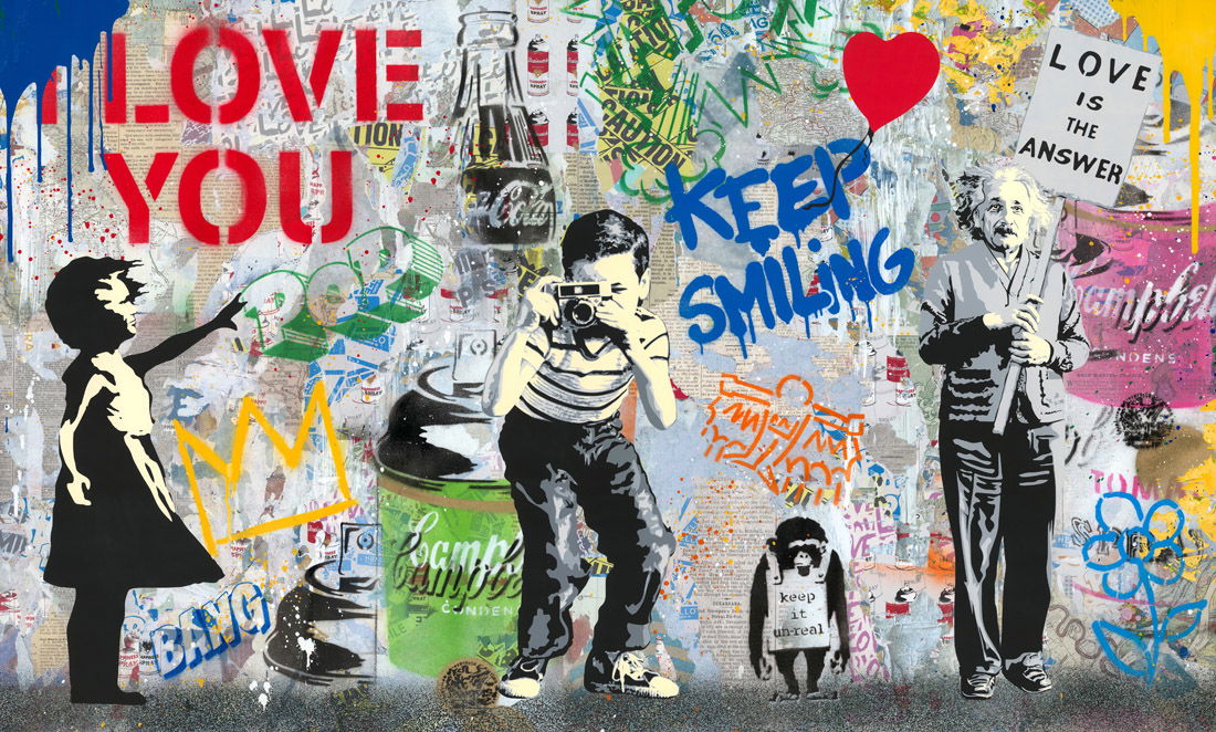 Mr. Brainwash – Pop Wall Mr. Brainwash – Pop Wall is een explosie van kleur, energie en iconische beelden. Het kunstwerk combineert street art met popart en creëert zo een krachtig en levendig geheel. Op de voorgrond staat een jongen met een camera. Hij richt zijn lens op de toeschouwer en nodigt uit om deel te worden van het verhaal. Naast hem verschijnen bekende symbolen zoals Coca-Cola flessen, graffiti-teksten en het rood geschilderde hart. Elk detail benadrukt het spanningsveld tussen onschuld en consumptiemaatschappij. De achtergrond is chaotisch en tegelijk zorgvuldig opgebouwd. Felle kleuren, teksten als Keep Smiling en speelse figuren brengen een positieve boodschap. Toch zit er ook kritiek in: Brainwash confronteert ons met de overvloed aan reclame, iconen en consumptiebeelden die onze cultuur domineren. De compositie zit vol lagen en dynamiek. Verfspatten, stencils en graffiti worden gecombineerd, waardoor een urban energie ontstaat. Elk element krijgt betekenis door de interactie met de rest. Het is een visuele dialoog tussen optimisme en ironie. Pop Wall is typisch Mr. Brainwash: speels, rebels en tegelijk optimistisch. Het werk laat zien hoe kunst kan verbinden en inspireren, maar ook aanzetten tot nadenken over de kracht van beelden in onze samenleving. Dit kunstwerk is meer dan een verzameling symbolen. Het is een ode aan vrijheid, creativiteit en de kracht van positieve energie. Het nodigt uit om te glimlachen, maar zet tegelijk aan tot reflectie.