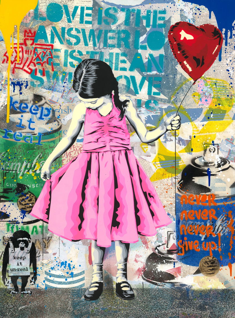 Mr. Brainwash – Beautiful Girl Mr. Brainwash – Beautiful Girl is een kleurrijk en levendig kunstwerk dat onschuld en hoop op een unieke manier verbeeldt. Het middelpunt is een jong meisje in een opvallende roze jurk. Ze houdt een rode ballon vast, een symbool dat staat voor vrijheid, dromerigheid en kinderlijke verwondering. De achtergrond is een explosie van graffiti, krachtige teksten en felle kleuren. Woorden als Never Give Up en Keep It Real geven het werk een positieve en motiverende lading. Deze combinatie van speels kinderlijke puurheid en street art energie zorgt voor een spannend contrast. De expressieve kleuren versterken de emotionele impact. De rode ballon zweeft naar boven, wat het idee van loslaten en hoop benadrukt. Tegelijkertijd nodigt de houding van het meisje uit tot reflectie: ze staat stevig, maar haar blik is ingetogen. Dit maakt het kunstwerk gelaagd en betekenisvol. Elke spuitbuslijn en verfstrook draagt bij aan de dynamiek van de compositie. De achtergrond vertelt een eigen verhaal, vol stedelijke chaos en creatieve kracht. Dit maakt Beautiful Girl niet alleen een visueel aantrekkelijk kunstwerk, maar ook een bron van inspiratie. Het werk is typerend voor Mr. Brainwash. Hij weet iconische beelden te combineren met kleurrijke, energieke street art, waarbij hij een universele boodschap van hoop, liefde en veerkracht overbrengt. Beautiful Girl is meer dan een afbeelding. Het is een viering van kinderlijke zuiverheid in een wereld die vaak hard en complex is. Het nodigt uit om optimistisch te blijven en dromen vast te houden, hoe moeilijk de omstandigheden ook zijn.