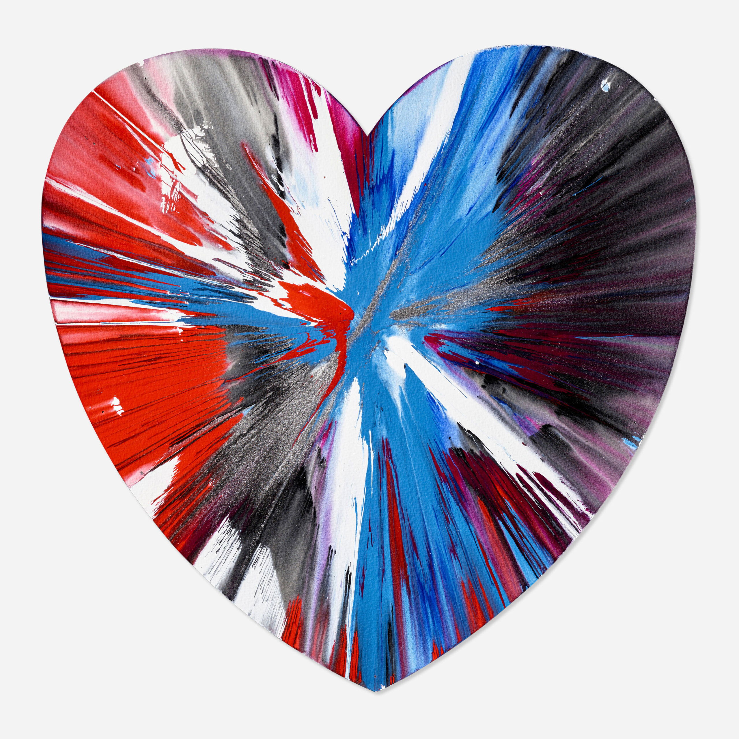 Damien Hirst – Heart Spin Painting  Heart Spin Painting van Damien Hirst is een explosie van kleur en emotie. Dit bijzondere werk, uitgevoerd in de iconische hartvorm, combineert de energie van Hirsts beroemde spin paintings met een universeel symbool: het hart. De compositie is gedurfd en krachtig. Rood, blauw, wit en zwart worden centrifugaal over het oppervlak uitgespreid. Elke beweging straalt snelheid en intensiteit uit. Het hartvormige doek versterkt het thema van passie, liefde en menselijke verbinding. Wat dit kunstwerk zo aantrekkelijk maakt, is de unieke combinatie van toeval en controle. Hirst laat de verf vloeien en spatten, maar het resultaat oogt harmonieus. Daardoor krijgt Heart Spin Painting zowel speelsheid als diepgang. Het kunstwerk ademt energie. Tegelijk nodigt het de kijker uit om stil te staan bij de symboliek. Het hart als vorm staat voor liefde, terwijl de explosieve kleuren juist spanning en dynamiek tonen. Deze tegenstelling maakt het werk gelaagd en boeiend. Hirsts keuze voor de spin-techniek benadrukt beweging en verandering. Het hart lijkt bijna te pulseren. Het werk vangt zo de essentie van het leven: intens, onvoorspelbaar en vol contrast.