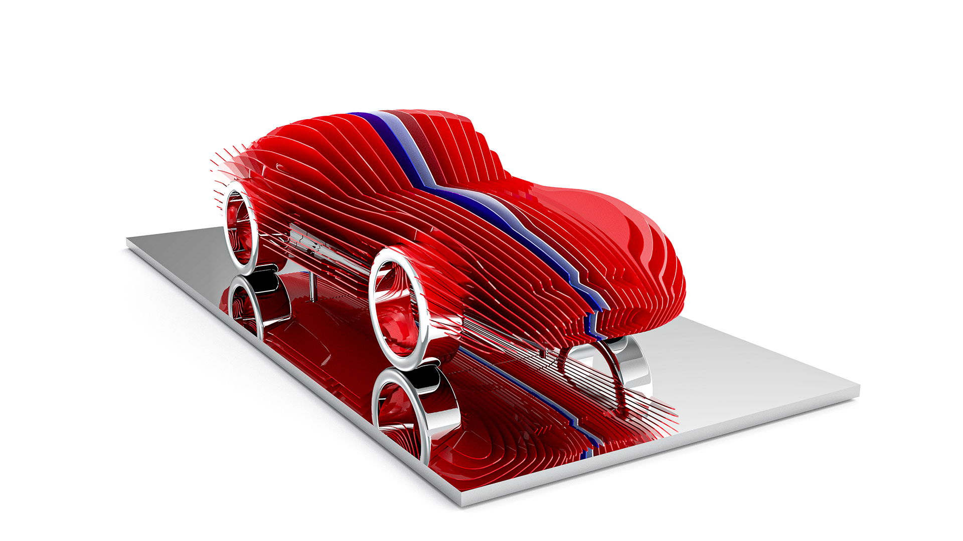 Antoine Dufilho – Ferrari 250 GTO Streamline Tricolore De Ferrari 250 GTO Streamline Tricolore van Antoine Dufilho is een ode aan snelheid en elegantie. Het werk vangt de iconische vormen van de legendarische Ferrari, maar herinterpreteert deze in een sculptuur vol dynamiek. Elke laag van het beeldhouwwerk benadrukt de kracht van beweging. Door de rode kleur, versterkt met blauwe en witte accenten, verwijst Dufilho duidelijk naar het Italiaanse en Franse race-erfgoed. De sculptuur staat op een spiegelende basis, waardoor licht en reflectie een extra dimensie geven. Zo ontstaat er een dialoog tussen vorm en ruimte, waarbij de auto lijkt te zweven. Bovendien versterkt dit spel van reflecties het gevoel van snelheid. De glanzende oppervlakken contrasteren met de gelaagde structuur, waardoor een uniek ritme zichtbaar wordt. Deze Ferrari 250 GTO Streamline Tricolore is meer dan een auto in sculpturale vorm. Het is een samenspel van kunst, design en techniek. Dufilho vertaalt de legendarische lijnen van een van de beroemdste sportwagens naar een hedendaagse kunstvorm. Daardoor krijgt het werk niet alleen esthetische waarde, maar ook symbolische betekenis. Het staat symbool voor passie, innovatie en culturele trots. Met zijn precisie en oog voor detail weet Dufilho emoties op te roepen. Het gebruik van rode tinten symboliseert energie en kracht. De toevoeging van blauw en wit brengt balans en geeft een extra gelaagdheid. Daardoor ontstaat een harmonie die zowel krachtig als verfijnd is.