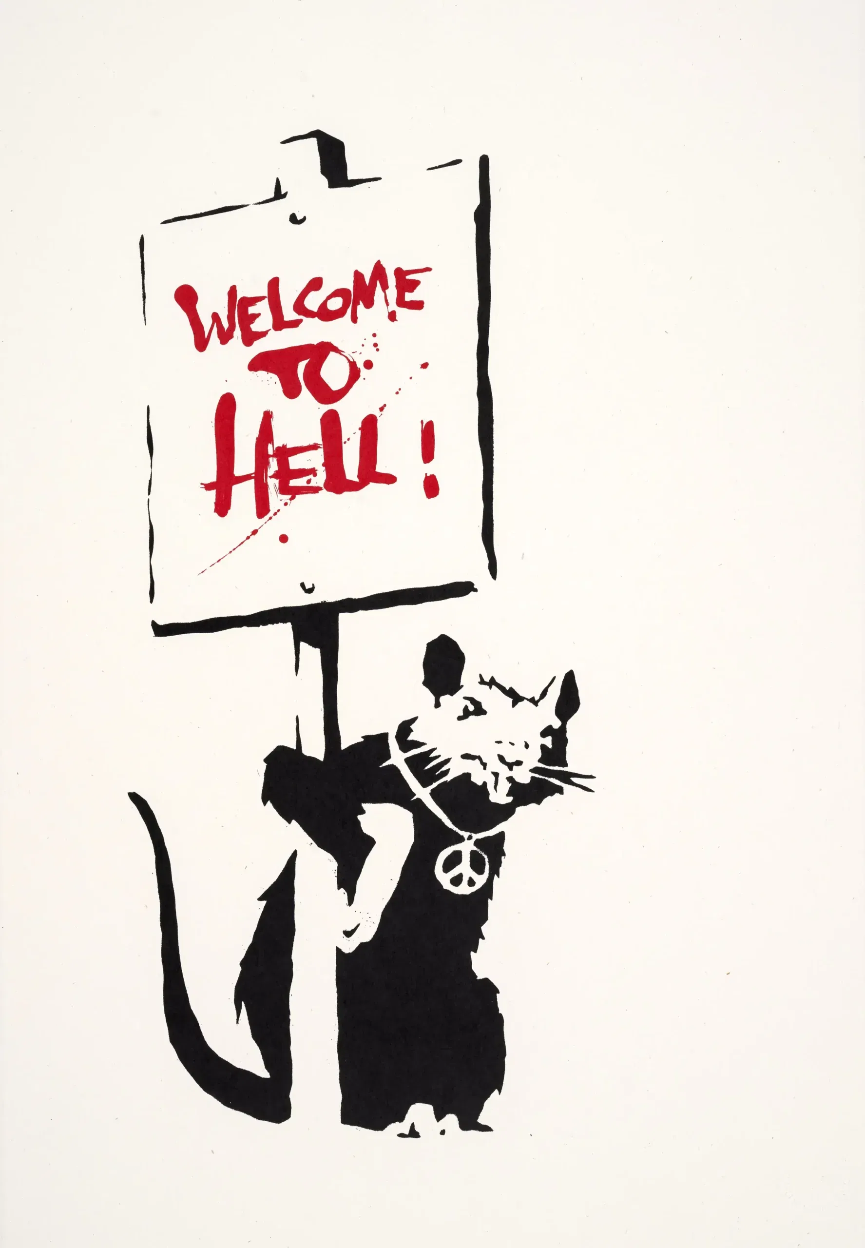 Banksy – Welcome To Hell (Stamped) Welcome To Hell (Stamped) van Banksy is een iconisch kunstwerk waarin de kunstenaar zijn satirische visie op de maatschappij krachtig neerzet. De afbeelding toont een rat die een bord omhoog houdt met de tekst “Welcome To Hell!” in felrode letters. De boodschap is direct, confronterend en cynisch, precies zoals men dat van Banksy gewend is. De rat is een terugkerend symbool in Banksy’s oeuvre. Het dier staat voor de underdog, voor degenen die vaak worden genegeerd, maar desondanks overleven en zich aanpassen. Met dit werk maakt Banksy een statement over sociale ongelijkheid, vervreemding en de harde realiteit van de moderne wereld. De eenvoudige zwart-witte stencilstijl met een opvallend rood accent versterkt de urgentie van de boodschap. Het contrast benadrukt de agressieve directheid van de tekst. Deze visuele scherpte maakt dat de toeschouwer niet kan wegkijken. Door gebruik te maken van humor en provocatie plaatst Banksy de kijker midden in een ongemakkelijke waarheid. “Welcome To Hell” kan gelezen worden als kritiek op de huidige maatschappij, maar ook als een spiegel voor de toekomst. De rat met het vredesteken rond zijn nek voegt een wrange paradox toe: zelfs in de hel blijft er een roep naar vrede en menselijkheid. De rat fungeert hier als boodschapper van de harde realiteit, slim en taai, net als de mens die zich voortdurend moet aanpassen. Banksy gebruikt dit dier als metafoor voor overleven in een vijandige wereld. Dit werk is niet alleen een kunstwerk, maar ook een maatschappelijk manifest. Het confronteert, daagt uit en nodigt uit tot reflectie. Banksy bewijst met Welcome To Hell (Stamped) dat kunst kan schuren en prikkelen, en tegelijkertijd universeel herkenbaar blijft.