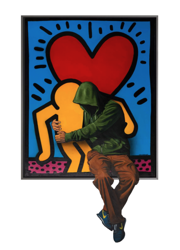 Hijack - BFF Hijack – BFF is een uniek en krachtig kunstwerk waarin vriendschap en verbondenheid centraal staan. In dit werk plaatst de menselijkheid tegenover de iconische popartstijl van Keith Haring. De anonieme figuur in hoodie omarmt het gele karakter uit Harings wereld, met boven hen een groot rood hart dat liefde en acceptatie symboliseert. Het contrast tussen de realistische hoodie-figuur en de gestileerde achtergrond creëert spanning, maar benadrukt ook harmonie. De felle kleuren en speelse vormen zorgen voor energie en vrolijkheid. Tegelijk roept het werk vragen op over identiteit en authenticiteit. Want wie is de figuur die zich in deze kleurrijke wereld mengt? Door deze balans tussen herkenbare popcultuur en eigentijdse street art weet Hijack een universele boodschap over verbinding en liefde neer te zetten. Bovendien verwijst het naar de kunstgeschiedenis en het belang van samenwerking, ondanks verschillen. De details van de hoodie, de realistische schaduwen en de houding van de figuur versterken het gevoel van echtheid. Daardoor wordt het werk niet alleen visueel aantrekkelijk, maar ook emotioneel gelaagd. Het nodigt uit om langer te kijken en de symboliek achter de omhelzing te ontdekken.