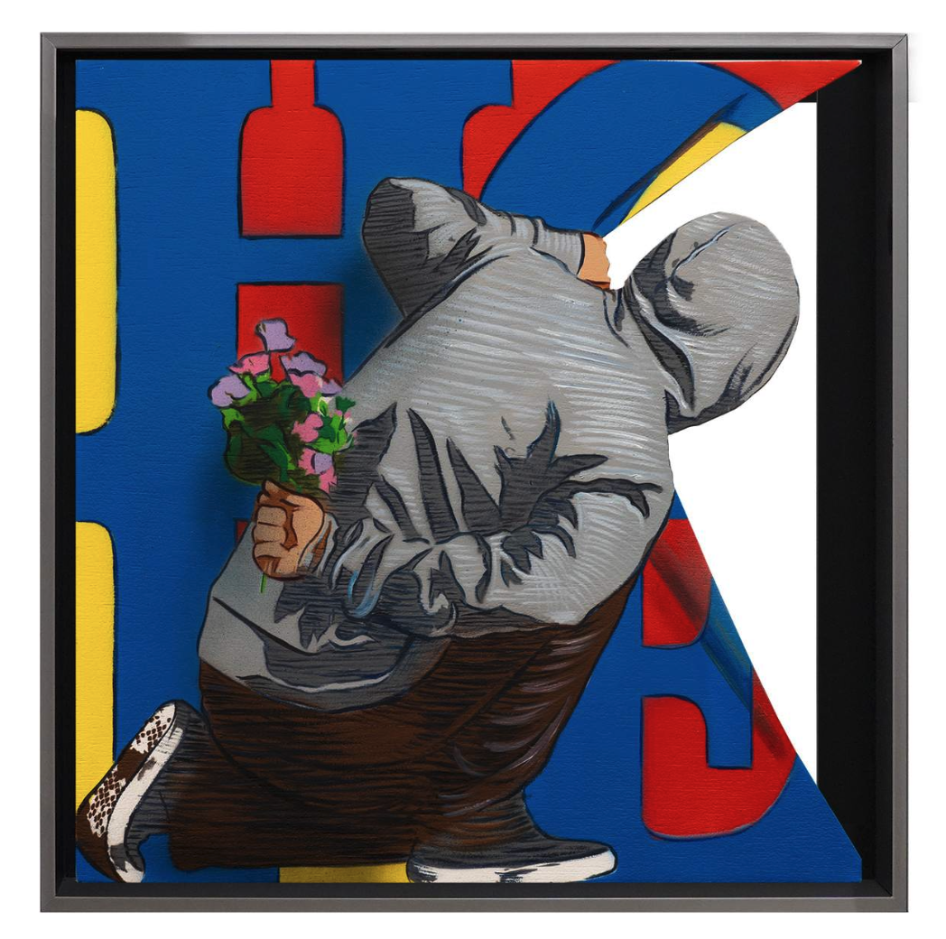 Hijack – Where is the Love? Hijack – Where is the Love? is een krachtig kunstwerk dat symbool staat voor verlangen, kwetsbaarheid en hoop. In dit werk plaatst Hijack Where is the Love centraal, een vraag die zowel poëtisch als confronterend klinkt. De anonieme figuur in hoodie, met bloemen verstopt achter zijn rug, straalt spanning en mysterie uit. De felle kleuren en strakke lijnen versterken de boodschap en zorgen voor een modern, urban karakter. Dit werk gaat over hoop en kwetsbaarheid. Het stelt vragen: waar is de liefde gebleven en hoe tonen we haar in een wereld vol haast en afstand? De houding van de figuur – schuchter, maar vastberaden – benadrukt de spanning tussen onzekerheid en verlangen. De kleurrijke achtergrond, opgebouwd uit felle rood-, blauw- en geeltinten, vormt een krachtig contrast met de grijze hoodie. Het laat zien hoe liefde zich kan verbergen, maar tegelijk onmiskenbaar aanwezig blijft. Hijack combineert speelse symboliek met een diepe emotionele lading. De bloemen zijn niet alleen een teken van liefde, maar ook van verzoening. Ze vertellen een universeel verhaal dat iedereen kan begrijpen. Where is the Love?  is zowel intiem als confronterend en nodigt uit om stil te staan bij persoonlijke relaties en maatschappelijke waarden.