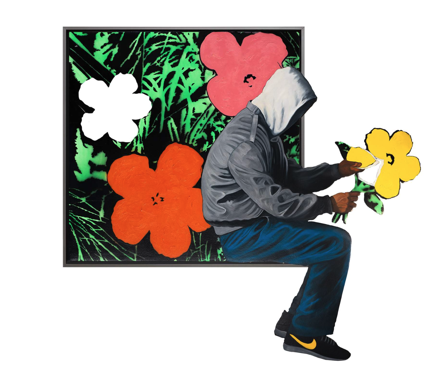 Hijack – They Love Me, They Love Me Not Het kunstwerk They Love Me, They Love Me Not van Hijack brengt een krachtig spel tussen street art en pop art. Een figuur in hoodie plukt voorzichtig een bloem. Elke blaadje staat symbool voor de eeuwenoude vraag: houden ze van me, of niet? De achtergrond verwijst naar Andy Warhol’s beroemde Flowers. Felle kleuren – rood, geel, wit en roze – contrasteren sterk met het donkere groen van de stelen. Het resultaat is een beeld dat direct de aandacht grijpt. Hijack laat zien hoe kunst emoties tastbaar maakt. De hoodie-figuur zonder gezicht benadrukt anonimiteit en kwetsbaarheid. Toch straalt het werk levendigheid uit door het spel van kleur en compositie. Het plukken van de bloem is een universeel gebaar. Het toont hoop, maar ook twijfel en verlangen. De kleurrijke context verzacht dit gevoel en geeft het geheel een speelse en optimistische toon. Daardoor werkt het kunstwerk op twee niveaus: het is zowel esthetisch aantrekkelijk als diep emotioneel geladen. Het werk nodigt uit tot reflectie. Wie ben jij in dit verhaal? De figuur wordt een spiegel van de toeschouwer. Iedereen kan zich herkennen in de zoektocht naar liefde en erkenning.