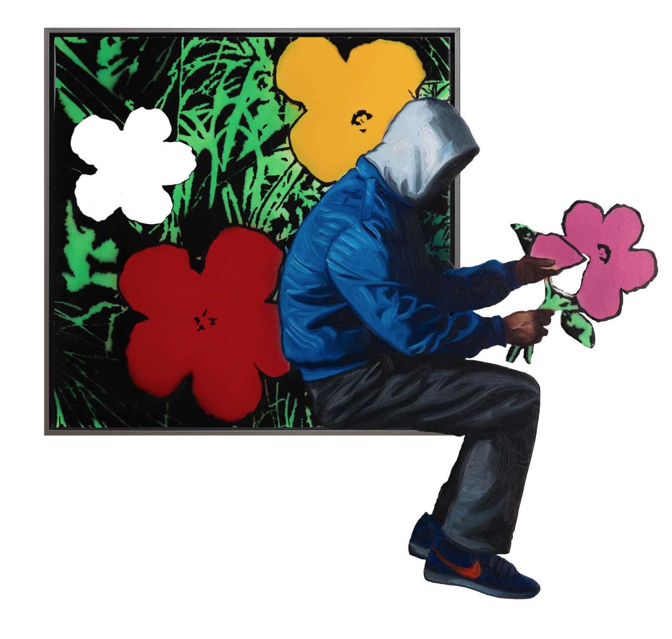Hijack – They Love Me, They Love Me Not Het kunstwerk They Love Me, They Love Me Not van Hijack brengt een krachtig spel tussen street art en pop art. Een figuur in hoodie plukt voorzichtig een bloem. Elke blaadje staat symbool voor de eeuwenoude vraag: houden ze van me, of niet? De achtergrond verwijst naar Andy Warhol’s beroemde Flowers. Felle kleuren – rood, geel, wit en roze – contrasteren sterk met het donkere groen van de stelen. Het resultaat is een beeld dat direct de aandacht grijpt. Hijack laat zien hoe kunst emoties tastbaar maakt. De hoodie-figuur zonder gezicht benadrukt anonimiteit en kwetsbaarheid. Toch straalt het werk levendigheid uit door het spel van kleur en compositie. Het plukken van de bloem is een universeel gebaar. Het toont hoop, maar ook twijfel en verlangen. De kleurrijke context verzacht dit gevoel en geeft het geheel een speelse en optimistische toon. Daardoor werkt het kunstwerk op twee niveaus: het is zowel esthetisch aantrekkelijk als diep emotioneel geladen. Het werk nodigt uit tot reflectie. Wie ben jij in dit verhaal? De figuur wordt een spiegel van de toeschouwer. Iedereen kan zich herkennen in de zoektocht naar liefde en erkenning.