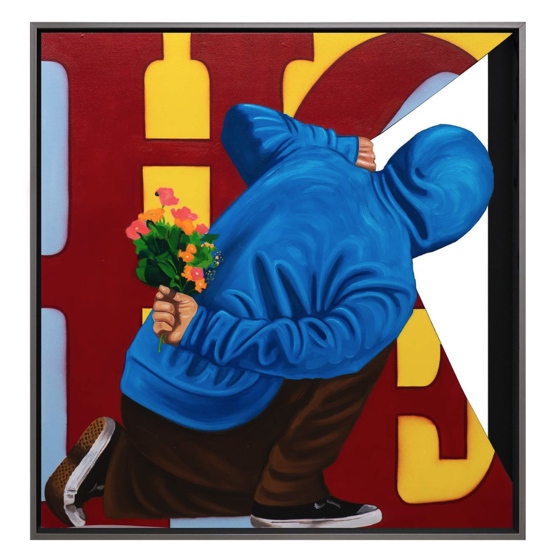 Hijack – Where Is The Love Het kunstwerk Where Is The Love van Hijack spreekt direct tot het hart. Een figuur in blauwe hoodie knielt, verborgen gezicht, terwijl hij een klein boeket bloemen achter zijn rug houdt. Het beeld roept spanning en nieuwsgierigheid op. Enerzijds toont het een intieme en hoopvolle geste, anderzijds benadrukt het de anonimiteit en kwetsbaarheid van de mens. De achtergrond is opgebouwd uit krachtige letters die het woord LOVE vormen. De felle rood- en geeltinten contrasteren met de koele blauwe hoodie. Daardoor krijgt het werk extra diepte en intensiteit. Het wit dat een deel van de letters wegsnijdt, versterkt het gevoel van onvolledigheid. Precies die leegte geeft betekenis: waar is de liefde gebleven? Hijack maakt gebruik van street art-invloeden, gecombineerd met realisme en symboliek. Het verborgen gezicht van de hoodie-figuur benadrukt anonimiteit. Toch maakt het boeket dit werk menselijk en teder. Het confronteert de kijker met een belangrijke vraag: hoe tonen we liefde in een wereld vol haast en ruis? Het kunstwerk balanceert tussen rauw en poëtisch. Bovendien nodigt het uit om te reflecteren. Het laat zien dat street art meer kan zijn dan rebellie: het is een uitnodiging tot verbinding. Hijack combineert urban beeldtaal met universele thema’s. Daardoor wordt Where Is The Love niet alleen een kunstwerk, maar ook een boodschap.