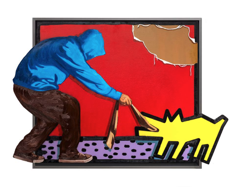 Hijack – Pawfect Imperfection Het kunstwerk Pawfect Imperfection van Hijack toont een verrassende ontmoeting tussen mens en symbool. Een figuur in blauwe hoodie buigt zich naar een hond, geïnspireerd door de iconische stijl van Keith Haring. Het dier wordt aan een riem gehouden, maar blijft rebels en levendig. Daardoor ontstaat een speels spanningsveld tussen straatcultuur en pop art. De heldere rode achtergrond versterkt het contrast met de figuren. Daarnaast benadrukt het de energie en directheid van het werk. Juist deze felle kleuren en scherpe lijnen zorgen voor een krachtige compositie. Het werk is brutaal, maar tegelijkertijd ook humoristisch. Bovendien laat het zien hoe kunst kan balanceren tussen eerbetoon en kritiek. Hijack speelt bewust met herkenbare visuele symbolen. Het gebruik van de hond verwijst naar kunstgeschiedenis, maar wordt opnieuw geïnterpreteerd. Daardoor krijgt het werk een actuele betekenis. Het gaat over vrijheid, controle en de grenzen van de maatschappij. De hoodie-figuur, vaak aanwezig in zijn oeuvre, staat symbool voor de anonieme mens van de straat. Iedereen kan zich erin herkennen. Pawfect Imperfection is meer dan een kleurrijke scène. Het is een reflectie op hoe imperfecties juist perfect kunnen zijn. Het daagt de kijker uit om anders te kijken naar orde en chaos. Het laat zien dat kunst spanning moet oproepen. Precies daarin schuilt de waarde van dit werk.