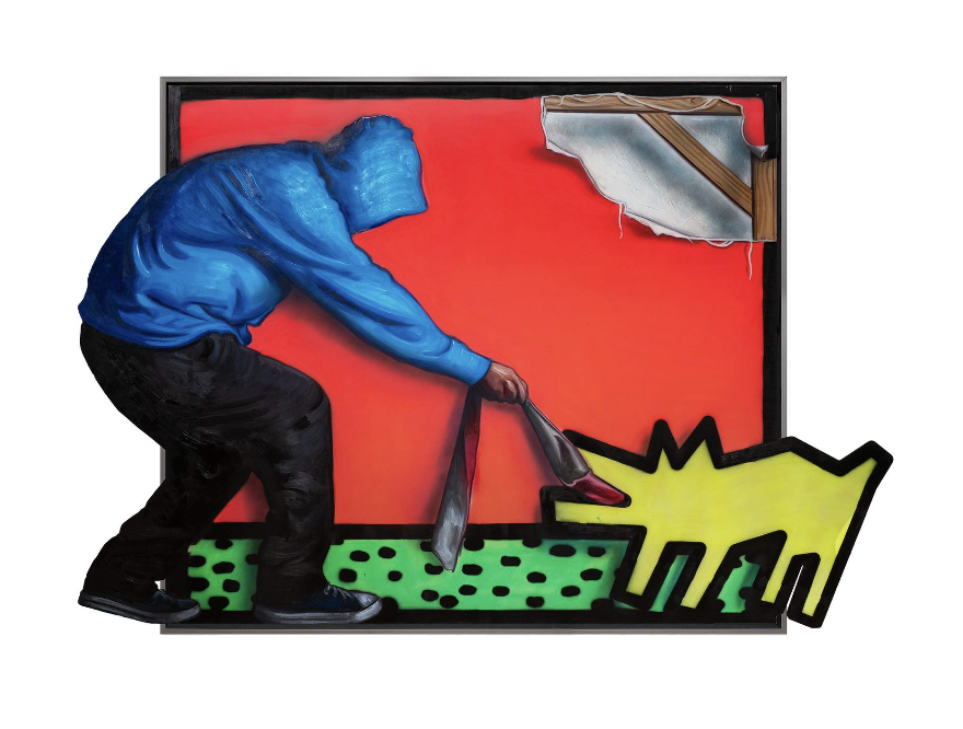 Hijack – Pawfect Imperfection Large Het kunstwerk Pawfect Imperfection van Hijack toont een verrassende ontmoeting tussen mens en symbool. Een figuur in blauwe hoodie buigt zich naar een hond, geïnspireerd door de iconische stijl van Keith Haring. Het dier wordt aan een riem gehouden, maar blijft rebels en levendig. Daardoor ontstaat een speels spanningsveld tussen straatcultuur en pop art. De heldere rode achtergrond versterkt het contrast met de figuren. Daarnaast benadrukt het de energie en directheid van het werk. Juist deze felle kleuren en scherpe lijnen zorgen voor een krachtige compositie. Het werk is brutaal, maar tegelijkertijd ook humoristisch. Bovendien laat het zien hoe kunst kan balanceren tussen eerbetoon en kritiek. Hijack speelt bewust met herkenbare visuele symbolen. Het gebruik van de hond verwijst naar kunstgeschiedenis, maar wordt opnieuw geïnterpreteerd. Daardoor krijgt het werk een actuele betekenis. Het gaat over vrijheid, controle en de grenzen van de maatschappij. De hoodie-figuur, vaak aanwezig in zijn oeuvre, staat symbool voor de anonieme mens van de straat. Iedereen kan zich erin herkennen. Pawfect Imperfection is meer dan een kleurrijke scène. Het is een reflectie op hoe imperfecties juist perfect kunnen zijn. Het daagt de kijker uit om anders te kijken naar orde en chaos. Het laat zien dat kunst spanning moet oproepen. Precies daarin schuilt de waarde van dit werk.