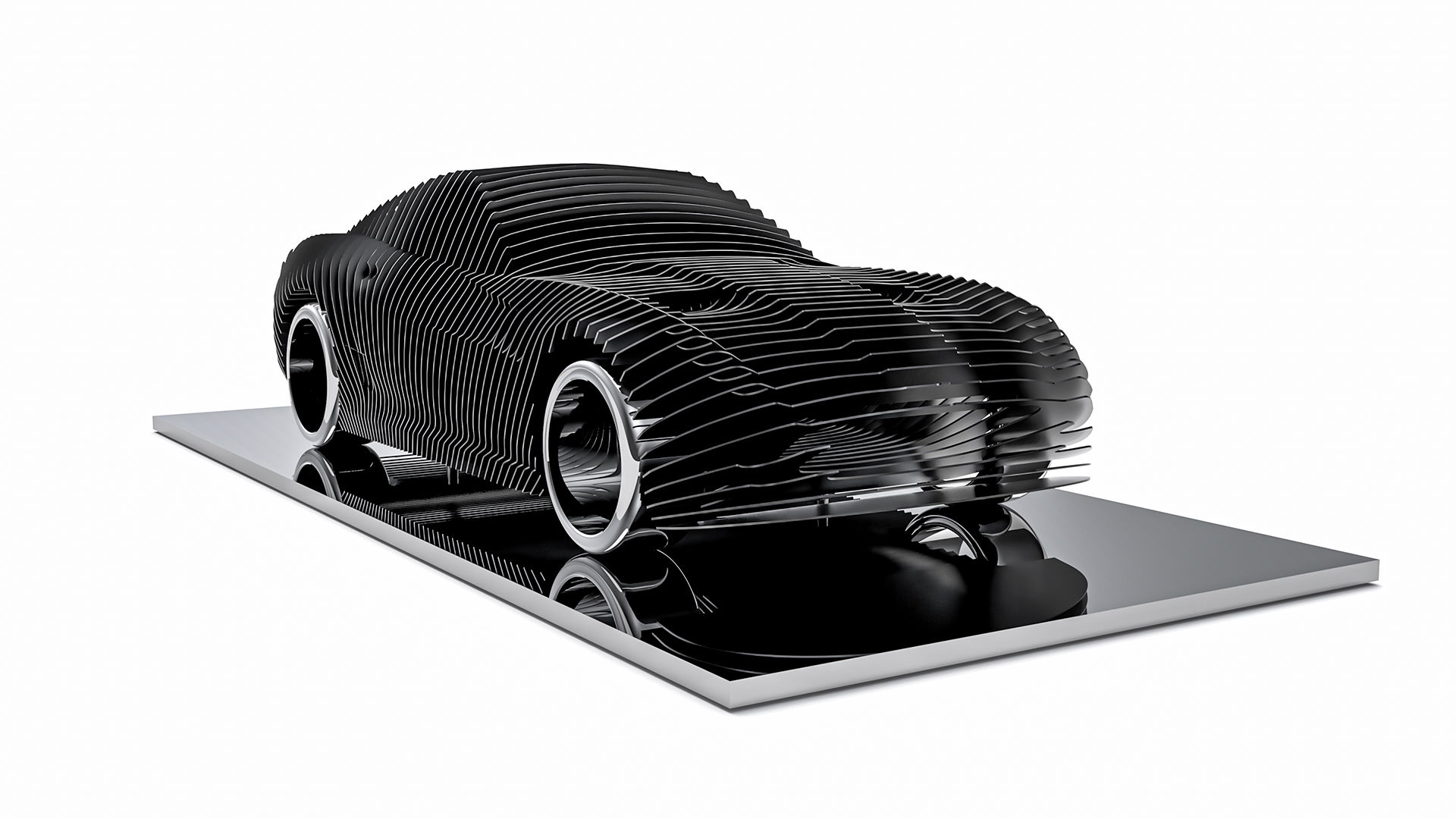 Antoine Dufilho – Ferrari 599 GTB Black De Ferrari 599 GTB Black van Antoine Dufilho is een sculptuur die luxe en snelheid vangt in pure vorm. Het werk toont de iconische Ferrari in strak zwart, opgebouwd uit gelaagde metalen lijnen. Hierdoor ontstaat een dynamisch spel van licht, schaduw en beweging. De wagen lijkt bijna te rijden, terwijl hij stilstaat. Elke laag is zorgvuldig geplaatst, waardoor het kunstwerk zowel abstract als herkenbaar is. Van dichtbij zie je de complexe structuur. Van een afstand komt de beroemde Ferrari 599 GTB tot leven. Daardoor ontstaat spanning tussen realisme en modern design. Dufilho gebruikt zijn kenmerkende methode van herhaling en ritme. Hierdoor krijgt het werk een architectonisch karakter dat balans en elegantie uitstraalt. Het glanzende zwarte oppervlak benadrukt de exclusiviteit van de sportwagen en maakt het beeld tijdloos. Dit kunstwerk is meer dan een ode aan Ferrari. Het is ook een vertaling van snelheid naar vorm. De harmonie tussen technische precisie en artistieke expressie maakt dit werk uniek. De Ferrari 599 GTB Black van Antoine Dufilho is een moderne sculptuur. Strakke zwarte lijnen, gelaagd design en dynamiek. Het werk vangt snelheid, luxe en elegantie in één iconische vorm.