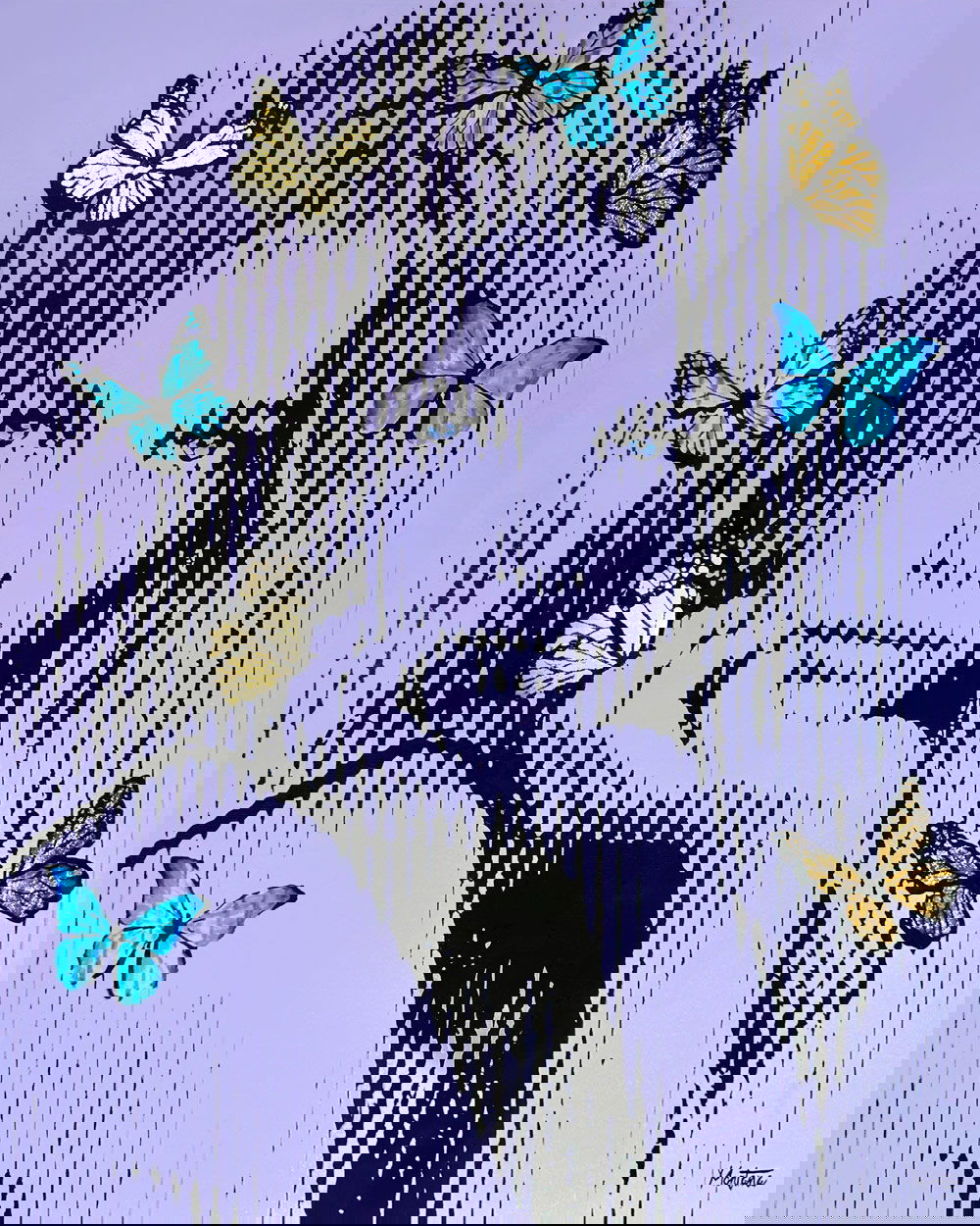 Montana Engels – Celeste Het kunstwerk Celeste van Montana Engels is een ode aan elegantie en mysterie. Het portret toont een vrouw die in stilte reflecteert, gevangen in een web van lijnen en schaduwen. De achtergrond in zachte paarse tinten versterkt het dromerige en serene gevoel. Rond het gezicht zweven kleurrijke vlinders. Hun vleugels in blauw en goud brengen beweging en energie. De vlinders symboliseren vrijheid, transformatie en hoop. Samen creëren ze een contrast tussen rust en levendigheid. Van dichtbij zie je enkel verticale strepen. Maar stap een stukje terug, en een realistisch portret ontvouwt zich. Dit spel tussen abstract en realistisch is kenmerkend voor Montana Engels. Het maakt Celeste gelaagd en intrigerend. Het werk spreekt over innerlijke kracht en vernieuwing. De blik van de vrouw is intens, bijna hypnotiserend. Daardoor raakt het kunstwerk emoties die iedereen herkent: verlangen, reflectie en groei. Celeste is niet zomaar een portret, maar een verhaal in beeld.