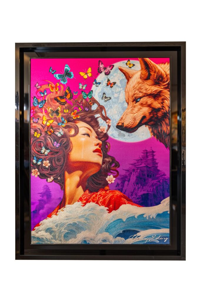 The Chinese Woman And The Wolf - Yaniv Edery The Chinese Woman And The Wolf by Yaniv Edery is an impressive work that exudes power and mysticism. . The Chinese woman, full of grace and elegance, is surrounded by butterflies symbolizing transformation and freedom. The fiery red of her robe contrasts powerfully with the deep purple background and the silver sheen of the moon. The wolf, with penetrating gaze, embodies instinct and primal wisdom. Together they form a dialogue between man and nature, beauty and power, emotion and instinct. The composition is bold and compelling. Each line and color contributes to a dynamic balance. As a result, the viewer is immediately caught in the tension of the moment. The waves at the bottom add movement and emphasize the restless energy of the whole. Yet the woman radiates calmness and serenity, making the contrast even more powerful. Signal words reinforce meaning: therefore, this artwork is not merely decorative, but above all symbolic. Moreover, it evokes emotions that do not easily let you go. As a result, you experience a story that extends beyond the refined details alone.