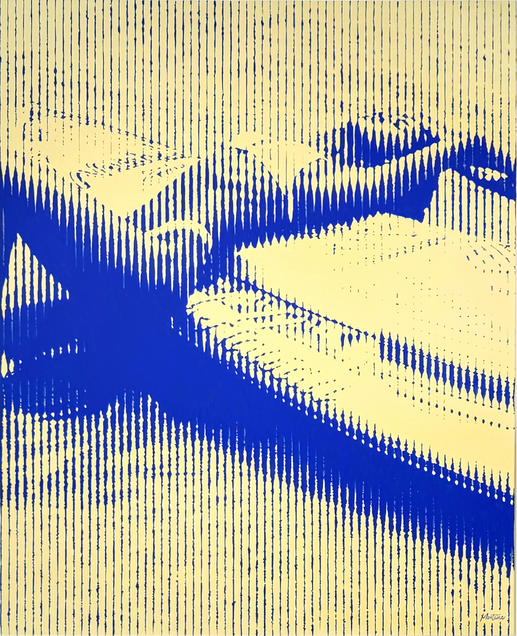 Montana Engels – Naish Het kunstwerk Naish van Montana Engels is een ode aan beweging, vrijheid en energie. Het werk toont een dynamisch tafereel dat opgebouwd is uit krachtige verticale lijnen. Deze lijnen spelen met perspectief en licht, waardoor de abstracte vormen samen een herkenbaar beeld vormen. Het blauw-gele kleurenpalet straalt kracht en positiviteit uit. Het diepe blauw staat symbool voor diepte, rust en concentratie, terwijl het geel een gevoel van energie en levenslust oproept. Samen creëren ze een harmonie die zowel spannend als evenwichtig is. Van dichtbij zie je losse strepen en patronen. Maar zodra je afstand neemt, ontstaat er een beeld dat steeds gedetailleerder wordt. Het werk krijgt daardoor een hypnotiserende werking en nodigt uit tot herhaaldelijk kijken. Naish gaat over kracht en balans, over het vinden van vrijheid in beweging. Het roept gevoelens op van avontuur en vernieuwing. Dit is een werk dat niet alleen esthetisch aanspreekt, maar ook inspireert en een verhaal vertelt.