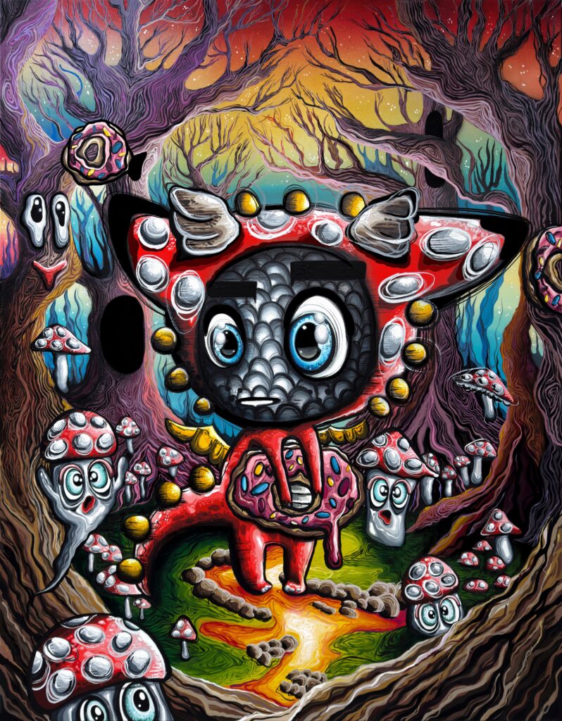 Where Magic Finds Us - Loes van Delft With Where Magic Finds Us, Loes van Delft takes you into a fantasy world where reality meets imagination. The central figure, with big blue eyes and a patterned costume, stands surrounded by quirky mushrooms and surreal trees. This creates a fairytale scene where wonder and mysticism come together. At first glance, the work exudes playfulness, but those who look closer discover layered details. The colorful background in red, orange and green brings dynamism and depth. Moreover, the contrasting patterns create a lively composition that seems to be in constant motion. As a result, the work attracts attention again and again. This artwork goes beyond form and color. It emphasizes that magic finds us when we are open to wonder. Moreover, Van Delft connects her iconic style with symbols of fantasy and childlike purity. As a result, this work appeals to collectors and new art lovers alike.
