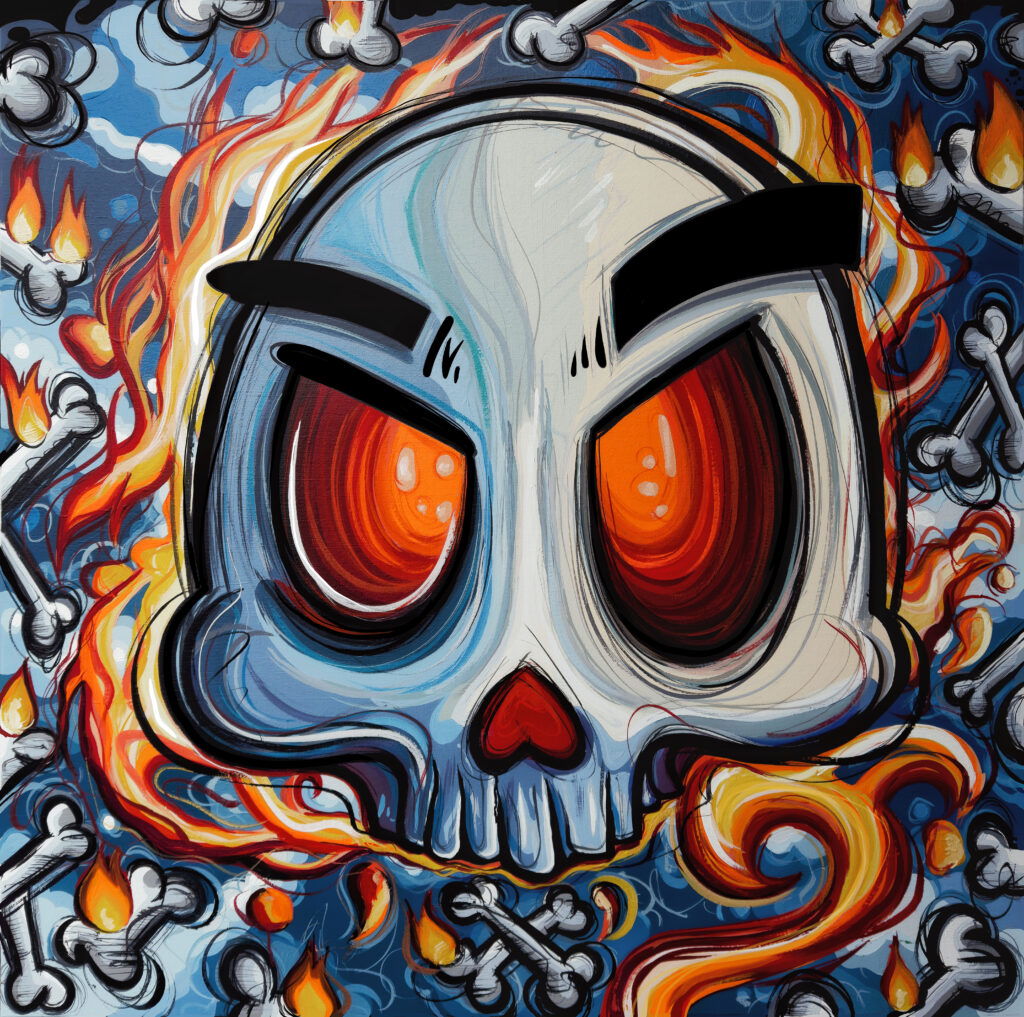 Skully II - Loes van Delft With Skully II, Loes van Delft presents a bold and explosive work of art that exudes power and energy. The large skull character, with bright orange eyes and dark eyebrows, seems to look straight at you. As a result, you immediately feel tension and intensity. The flames and bones all around enhance the dramatic effect and make this piece a visual stunner. At first you notice the brutal expression of the skull, but then you discover the playfulness in the details. The contrasting colors - bright orange, deep blue and bright white - create a vibrant whole. Moreover, the cartoon-like lines ensure that the work remains not only menacing but also playful and recognizable. It is precisely this contrast that makes it so intriguing. Skully II is a perfect fusion of pop art, street art and contemporary art, making it fit not only into a modern art collection, but also into an urban interior where guts and personality count. Moreover, Loes van Delft is internationally loved, making her works prized collector's items time and again.