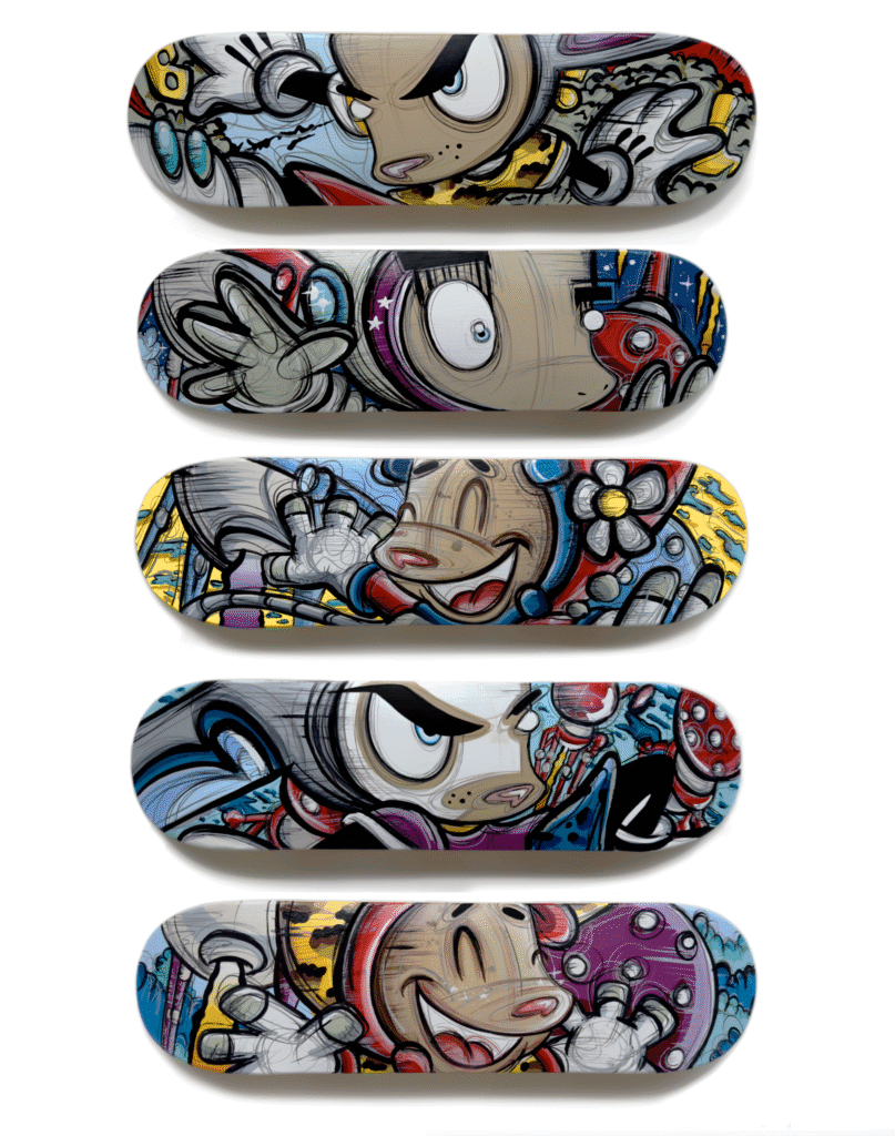 Hand Painted Skateboard Decks - Loes van Delft With these hand painted skateboard decks, Loes van Delft takes street art and pop art to the next level. Each deck is unique, full of energy and character. Moreover, the vibrant colors and playful figures combine perfectly with her iconic style. The dynamic compositions and powerful lines make these skateboards not only functional objects, but also works of art for the wall. As a result, they immediately attract attention in any room. Each deck tells a different story, but together they form an explosion of creativity and expression. By connecting traditional art with the culture of skateboarding, Loes van Delft once again proves her versatility. Moreover, the hand-painted details give each piece a personal and authentic look. This makes these works attractive not only to collectors, but also to lovers of urban culture and design. Anyone who owns a hand-painted skateboard deck by Loes van Delft is taking home more than a work of art. It is a symbol of originality, guts and international art value. Therefore, these decks are ideal as an exclusive eye-catcher as well as a valuable addition to a contemporary art collection.