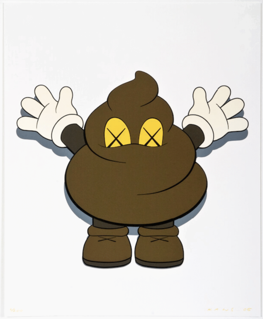 Warm Regards - KAWS With Warm Regards, KAWS presents a work that combines playfulness and irony with its iconic imagery. The artwork depicts a cartoon-like figure in the form of a stylized poop emoji, complete with the recognizable X-eyes and oversized gloves. This creates a humorous yet thought-provoking image that immediately grabs attention. At first the work seems light and funny, but then you discover the layering. KAWS plays with symbols from popular culture and transforms them into art that raises questions. Moreover, the title Warm Regards emphasizes the irony: an apparently friendly greeting in a playful, but also confrontational appearance. It is precisely this contrast that makes the work intriguing and multifaceted. Warm Regards fits perfectly within the oeuvre of KAWS, in which he switches effortlessly between street art, pop art and contemporary art. His style is recognizable worldwide and loved by collectors. Moreover, works like this are particularly sought after, giving them not only aesthetic value, but also a clear collector's value.