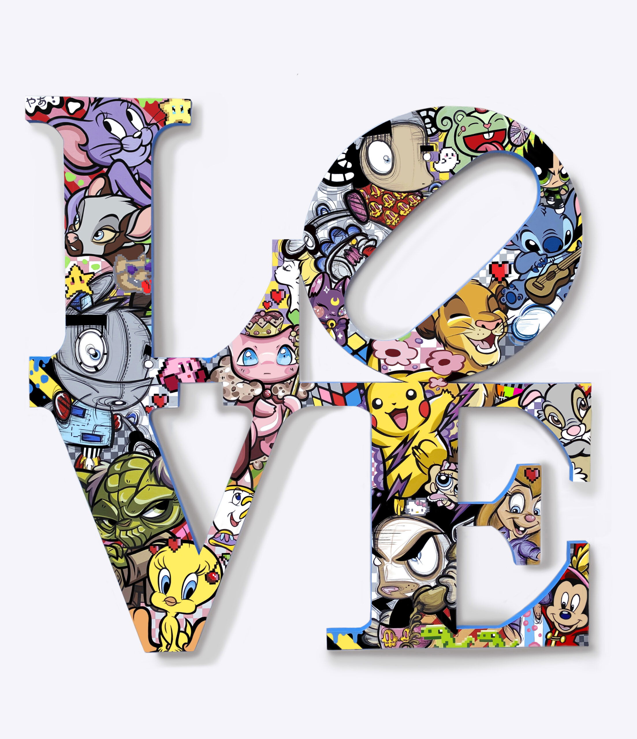 All You Need Is Love (Disney) – Loes van Delft Met All You Need Is Love (Disney) brengt Loes van Delft een ode aan liefde, nostalgie en popcultuur. Het iconische woord LOVE, uitgevoerd in grote letters, is gevuld met kleurrijke karakters uit de wereld van Disney en andere popiconen. Daardoor ontstaat een explosie van herkenning en vrolijkheid die jong én oud aanspreekt. Allereerst valt de levendige kleurenpracht op. Vervolgens ontdek je de details: van Mickey Mouse en Pikachu tot Tweety en Stitch. Bovendien geeft de aanwezigheid van Van Delft’s eigen herkenbare personages het werk een unieke signatuur. Juist die combinatie van klassiek en eigentijds maakt dit kunstwerk onweerstaanbaar. All You Need Is Love (Disney) benadrukt de kracht van liefde en verbondenheid. Het werk nodigt uit tot een glimlach en brengt een vleugje jeugdsentiment in een moderne kunstvorm. Daardoor is dit stuk niet alleen decoratief, maar ook emotioneel waardevol. Bovendien is het perfect voor zowel particuliere interieurs als exclusieve collecties.