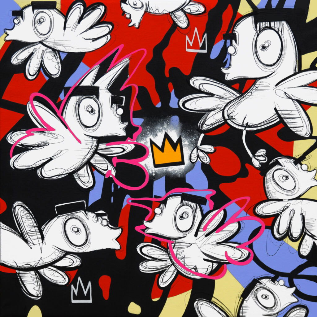 Your Love is King - Loes van Delft With Your Love is King, Loes van Delft brings an ode to love, strength and playfulness. The canvas is brimming with energy: white, cartoonish figures with wings float freely over a background full of red, black, yellow and blue. Between them appears the iconic crown, a symbol of both power and emotion. As a result, the work feels both rebellious and tender. First you notice the playful characters, recognizable in Van Delft's typical style. Then you discover the dynamic composition, in which strong contrasts create tension and movement. Moreover, the pink lines and expressive shapes give the work a fresh, contemporary look. Precisely this creates a balance between chaos and harmony. This artwork goes beyond mere aesthetics. It emphasizes that love is a guiding force that rises above everything else. As a result, it appeals to both young art lovers and experienced collectors. Moreover, the combination of street art, pop art and contemporary art makes this piece instantly recognizable and sought after.