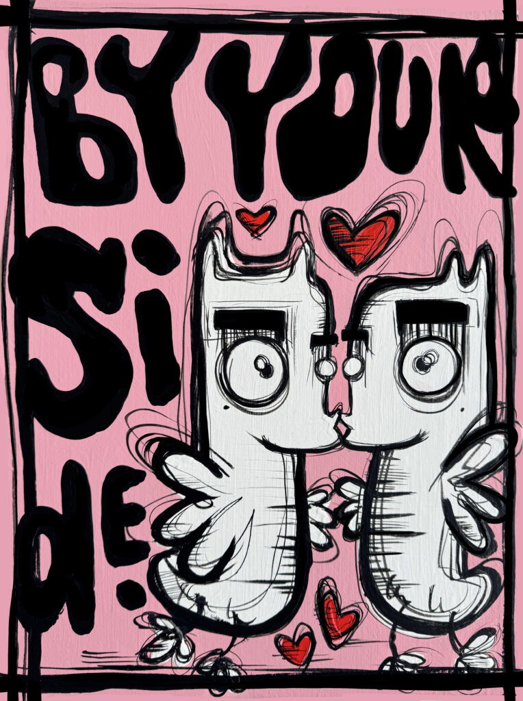 By Your Side by Loes Van Delft breathes love, connection and playfulness. Two figures, drawn in her recognizable style, take center stage. They gently touch each other with a kiss, while red hearts surround the scene. As a result, you immediately feel warmth and tenderness. The bright pink background contrasts sharply with the black and white figures, making the emotion even more pronounced. Moreover, the thick black lines and sketchy outlines give the work a raw energy. At the same time, the hearts and wings provide lightness and optimism. This creates a balance between strength and vulnerability. This work is more than an image: it is a message. It emphasizes that love and support are the essence of human relationships. Moreover, its cartoonish design makes it accessible to young and old alike. This makes By Your Side not only an aesthetic eye-catcher, but also a work that evokes feelings again and again.
