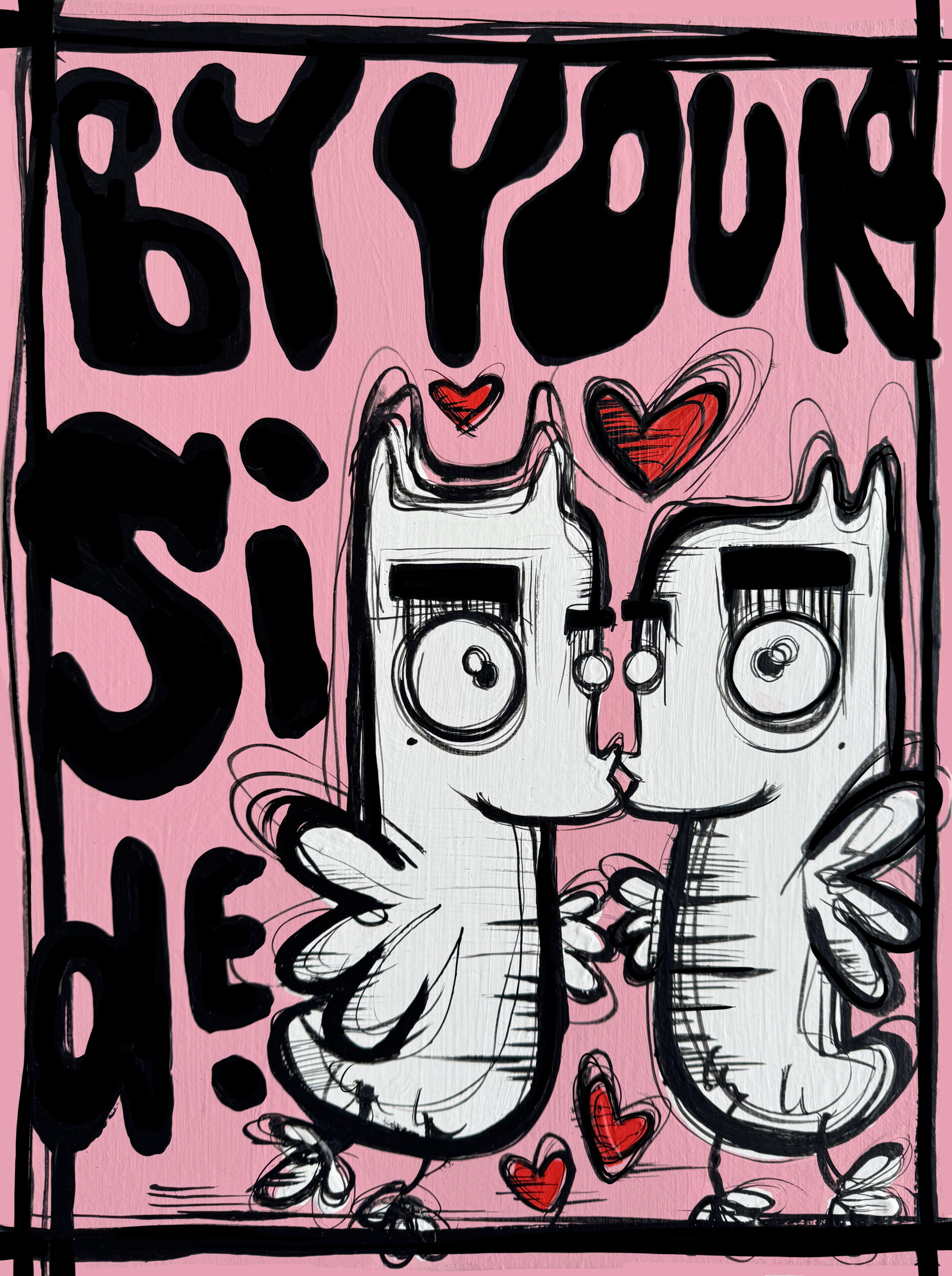 By Your Side van Loes Van Delft ademt liefde, verbondenheid en speelsheid. Twee figuren, getekend in haar herkenbare stijl, staan centraal. Ze raken elkaar zachtjes aan met een kus, terwijl rode hartjes de scène omringen. Daardoor voel je onmiddellijk warmte en tederheid. De felle roze achtergrond contrasteert sterk met de zwart-witte figuren, waardoor de emotie nog sterker naar voren komt. Bovendien geven de dikke zwarte lijnen en schetsmatige contouren het werk een rauwe energie. Tegelijkertijd zorgen de hartjes en de vleugels voor lichtheid en optimisme. Daardoor ontstaat een balans tussen kracht en kwetsbaarheid. Dit werk is meer dan een beeld: het is een boodschap. Het benadrukt dat liefde en steun de essentie vormen van menselijke relaties. Bovendien maakt de cartooneske vormgeving het toegankelijk voor jong en oud. Hierdoor is By Your Side niet alleen een esthetische blikvanger, maar ook een werk dat telkens opnieuw gevoelens oproept.