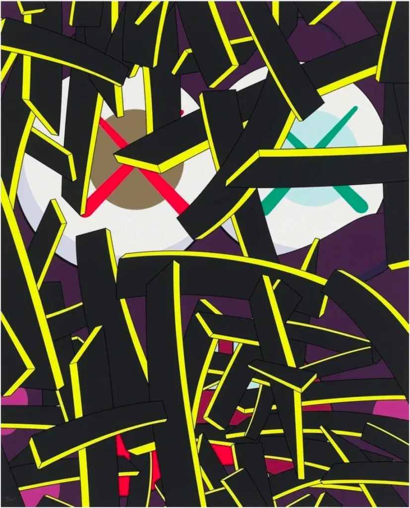 Paper Smile - KAWS With Paper Smile, KAWS once again demonstrates its ability to transform an apparently playful image into a powerful work of art. The work consists of fragmentary black bars with yellow outlines, laid across the composition. Behind them emerge the iconic eyes - large, round and bearing the familiar X shape. This creates a sense of tension and mystery, as if there is something hidden yet wanting to be visible. At first, Paper Smile appears abstract and graphic. Then you recognize the distinctive style of KAWS, in which elements of street art and pop art subtly come together. Moreover, the bright contrasts between black, yellow and purple create a visually powerful look. It is precisely this combination of simplicity and intensity that makes this work so intriguing. Paper Smile is more than a play of lines and shapes. It refers to themes such as identity, masking and the role of visual culture in our time. As a result, the work appeals not only to art lovers, but also to collectors who appreciate the deeper layers of KAWS.