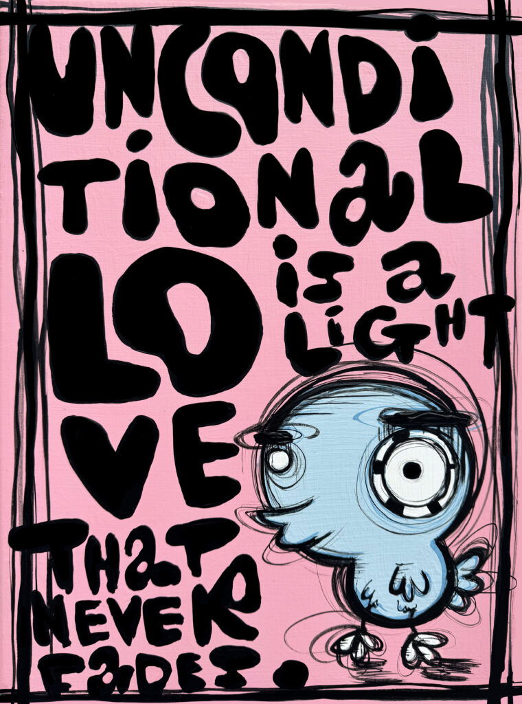 Unconditional Love by Loes van Delft is a powerful and playful artwork that depicts love in its purest form. It depicts Van Delft's iconic, cartoon-like figure: a blue bird with large, expressive eyes and a lively appearance. The contours are firmly and dynamically drawn, giving the work immediate energy. The soft blue tones are subtly outlined by a warm pink glow, reinforcing the feeling of tenderness and affection. This combination of color and form makes the work not only visually appealing, but also emotionally charged. Van Delft is known for her ability to combine pop art and street art in a unique, recognizable style. In Unconditional Love, this comes full circle. The work exudes positivity, connection and genuine warmth. This artwork is ideal for lovers of contemporary art that is both playful and meaningful. A real eye-catcher that enriches any interior and evokes a lasting smile.