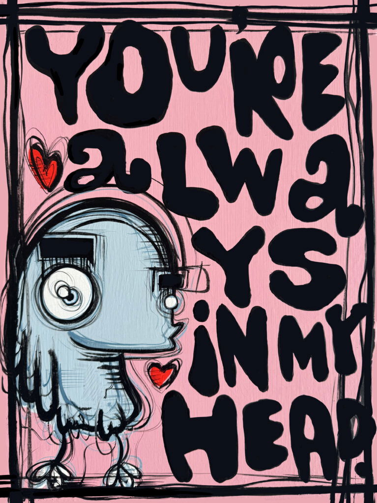 You're Always in My Head by Loes van Delft is a powerful and playful work of art in which emotion and pop art come together. Van Delft's distinctive style - colorful, quirky and infused with a touch of street art - comes into its own here. The work depicts her iconic cartoon-like figure, rendered in soft, contrasting hues, set against a pink background. The large, black letters of the title make a visual statement and embrace the composition. Red heart accents add warmth and passion, making the theme of love and connection immediately palpable. With You're Always in My Head, Van Delft manages to convey a universal feeling at a glance: someone constantly present in your thoughts. The work simultaneously radiates vulnerability and strength, immediately drawing the viewer into its energetic, optimistic atmosphere. This artwork is ideal for lovers of modern, expressive art with a personal message. A real eye-catcher that brings not only color but also emotion to any space