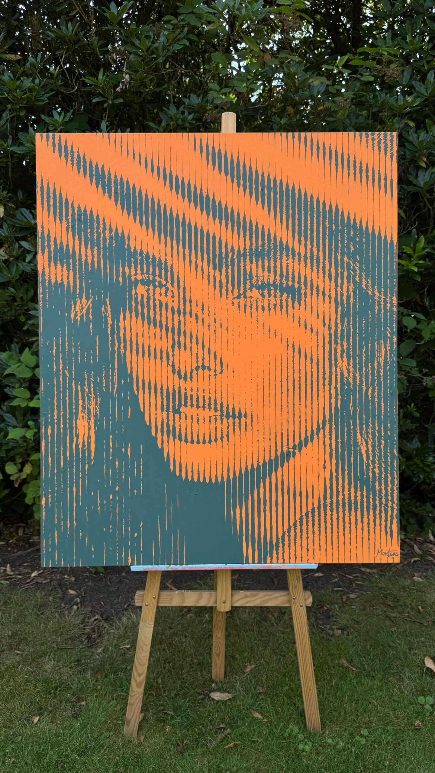 Palm Shades – Montana Engels Palm Shades van Montana Engels is een intrigerend en eigentijds kunstwerk dat de toeschouwer meteen weet te vangen door zijn krachtig kleurenspel en subtiele gelaagdheid. Op het eerste gezicht lijkt het werk eenvoudig in opbouw, maar wie langer kijkt, ontdekt een diepte en emotionele intensiteit die typerend is voor Montana haar stijl. Het portret toont een vrouwelijk gezicht, gedeeltelijk verborgen onder zonnestralen die als strepen over het doek vallen – alsof de kijker door een bladerdak van palmen gluurt. De contrasterende kleuren van diep oranje en grijsgroen creëren een sterk visueel spanningsveld: warm en koel, licht en schaduw, zichtbaar en verhuld. Deze dynamiek symboliseert de dualiteit tussen kwetsbaarheid en kracht, tussen aanwezigheid en anonimiteit. Montana maakt gebruik van lijnstructuren en ritmische patronen om diepte te suggereren zonder traditionele penseelvoering. Elke lijn draagt bij aan de compositie, alsof ze samen het portret tot leven weven. De keuze van kleuren is niet toevallig – oranje roept energie, zon en vitaliteit op, terwijl het grijsgroen een zekere rust en balans toevoegt. Samen verbeelden ze het contrast tussen natuurlijke harmonie en menselijke emotie.