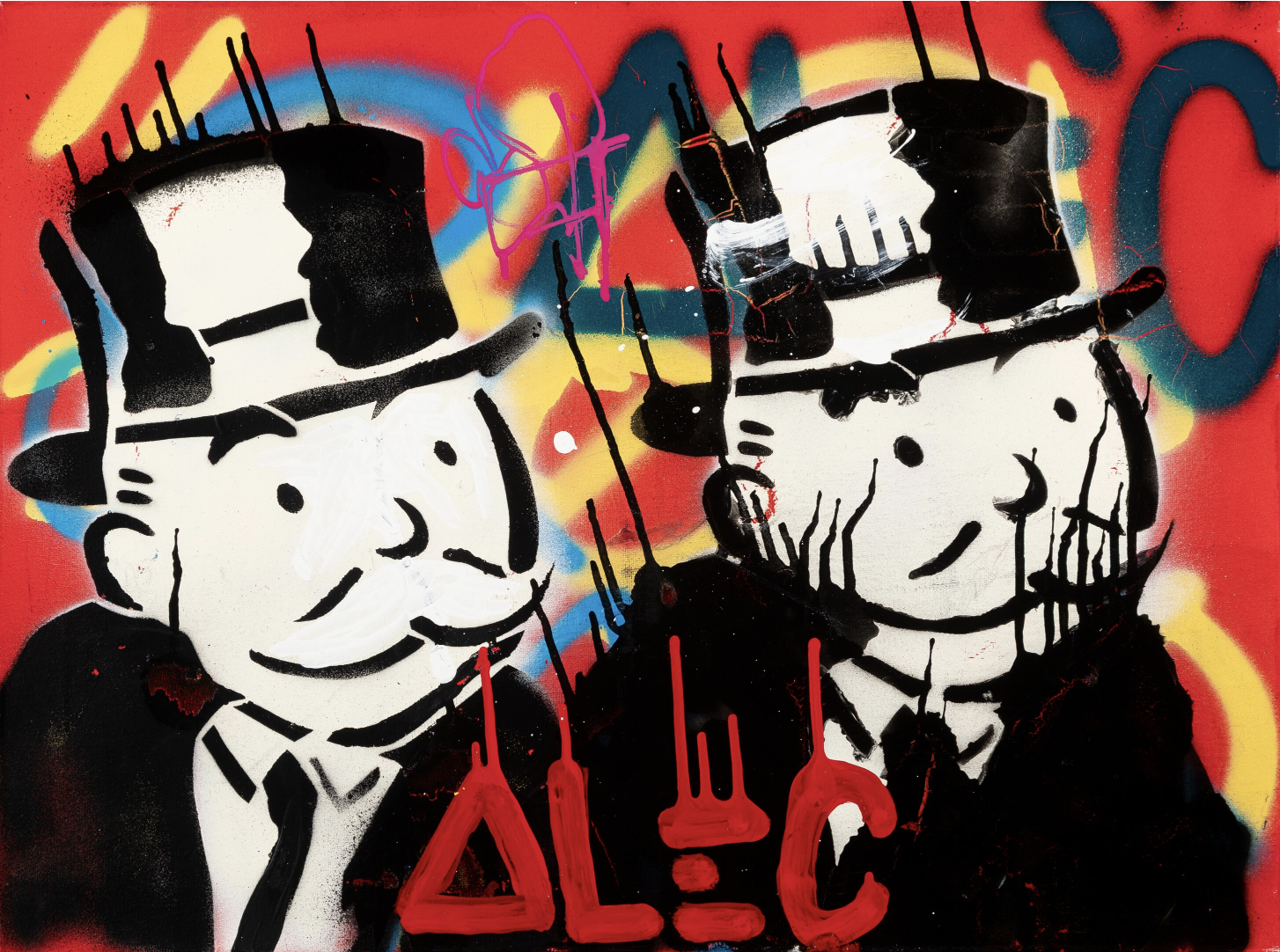 Alec Monopoly – Untitled Untitled van Alec Monopoly is een explosie van kleur, energie en rebellie. De twee iconische Monopoly-mannen staren ons zelfverzekerd aan — hun gezichten getekend met humor, macht en een vleugje ironie. De kunstenaar legt met elke spuitbusstreek de essentie van onze tijd vast: de eindeloze drang naar geld, status en succes. Toch voel je onder de felgekleurde lagen ook kritiek en reflectie. Alec Monopoly confronteert én verleidt tegelijkertijd. Dit werk bruist van leven. De levendige rode achtergrond spat van het doek en trekt direct de aandacht. De druppelende verf, typerend voor zijn stijl, symboliseert de vergankelijkheid van rijkdom en macht. Door het gebruik van contrasterende tinten – wit, zwart, geel en blauw – creëert hij een dynamisch spanningsveld dat het oog blijft boeien. Elke penseel- en spuitbeweging ademt urgentie, rebellie en creatieve vrijheid. Wat dit werk zo krachtig maakt, is de balans tussen chaos en controle. De speelse graffiti-uitdrukking botst met het nette, bijna karikaturale beeld van de kapitalistische elite. Alec speelt met die tegenstelling — hij verheerlijkt de glamour, maar prikt tegelijk door de façade heen. Hierdoor ontstaat een werk dat zowel visueel als inhoudelijk blijft intrigeren. Untitled is meer dan een schilderij; het is een spiegel van de moderne maatschappij. Het roept vragen op over macht, geld en authenticiteit. En dat is precies waar Alec Monopoly in uitblinkt — het vinden van betekenis in de oppervlakkigheid van popcultuur.